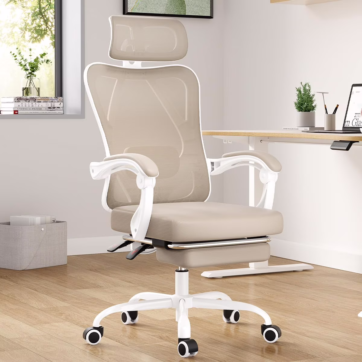 STARY Ergonomic Office Chair with Footrest, High Back Mesh Desk Chair with Adjustable Headrest & Lumbar Support, Comfortable Computer Chair for Home Office Study, White & Beige