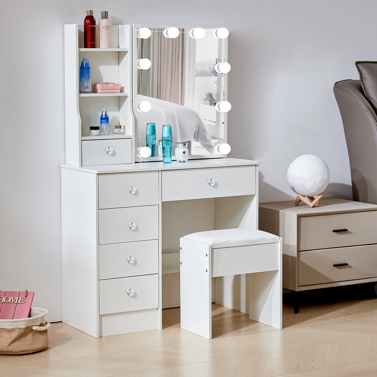 Jarbalai 10-LED Vanity Table with Sliding Mirror, 6 Drawers & Stool, White Makeup Desk