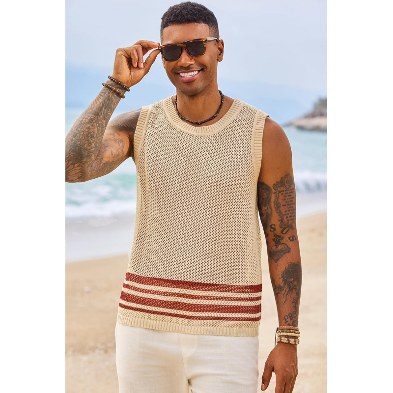 Men's Sleeveless Tank Tops Knitted Hollow Out Crochet
