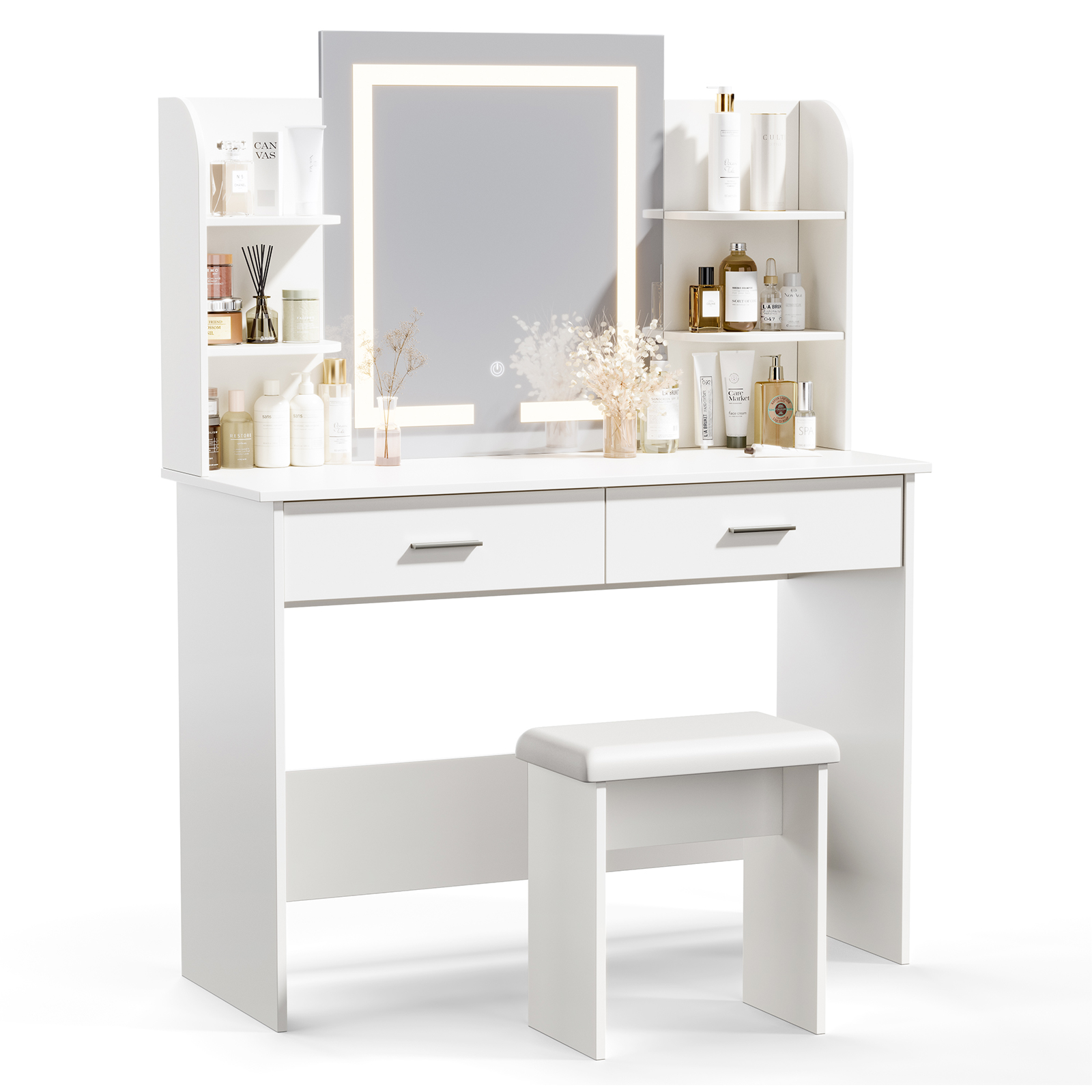 Vanity Desk with Chair, White Makeup Desk Set with Mirror & LED Lights, Vanity Table with Power Strip, 2 Drawers, 4 Shelves