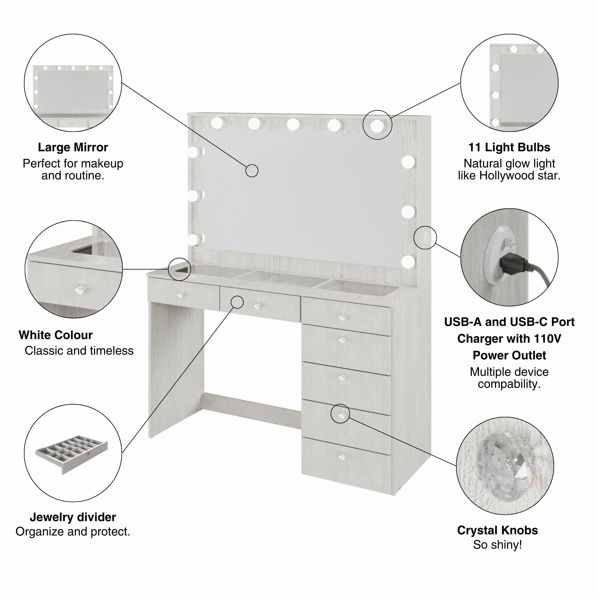 Ember Interiors Modern Large Greige Makeup Vanity Desk with Built-in Lights, Power Outlet with USB Type-C, Glass Top, 7 Drawers and Crystal Knobs