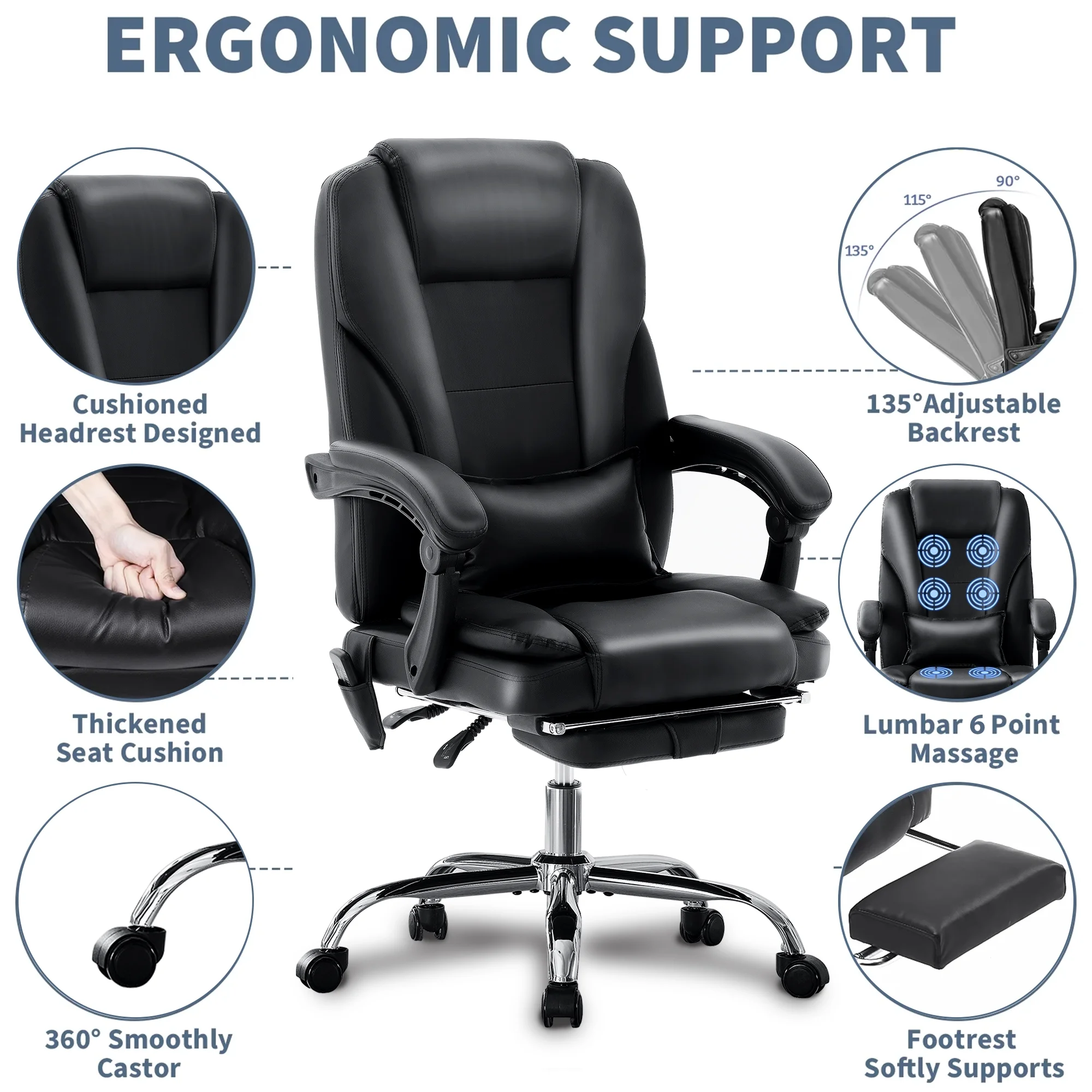 JONPONY Big and Tall Office Chair 500LBS Executive Office Chair Massage and Footrest Ergonomic Computer Desk Chair Reclining High Back Leather Office Chair Lumbar Back Support Swivel Rolling,Black