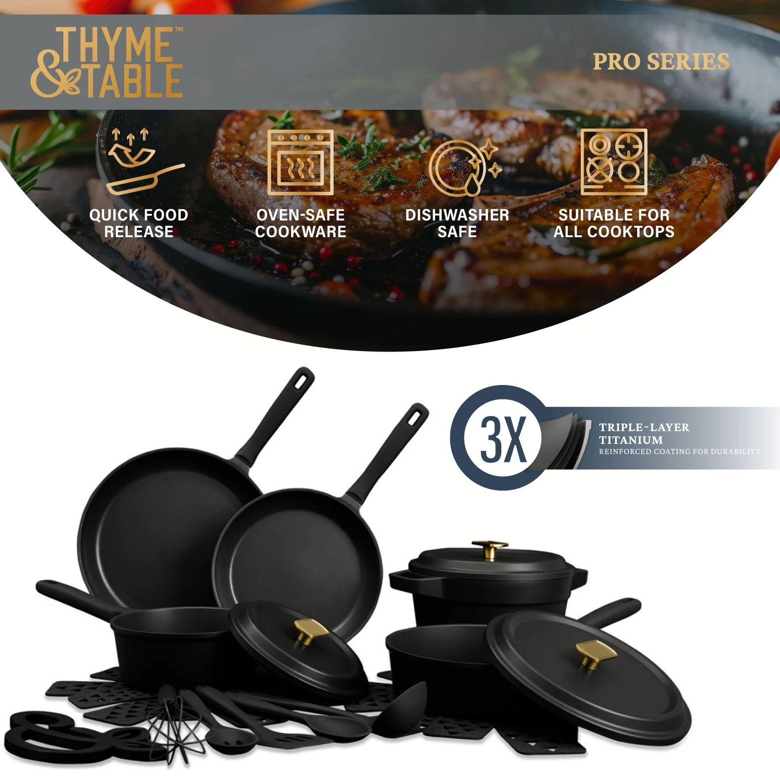 Thyme & Table 18-Piece Non-stick Diecast Cookware & Silicone Utensil Set, Pots and Pans Set - Atlantic Blue