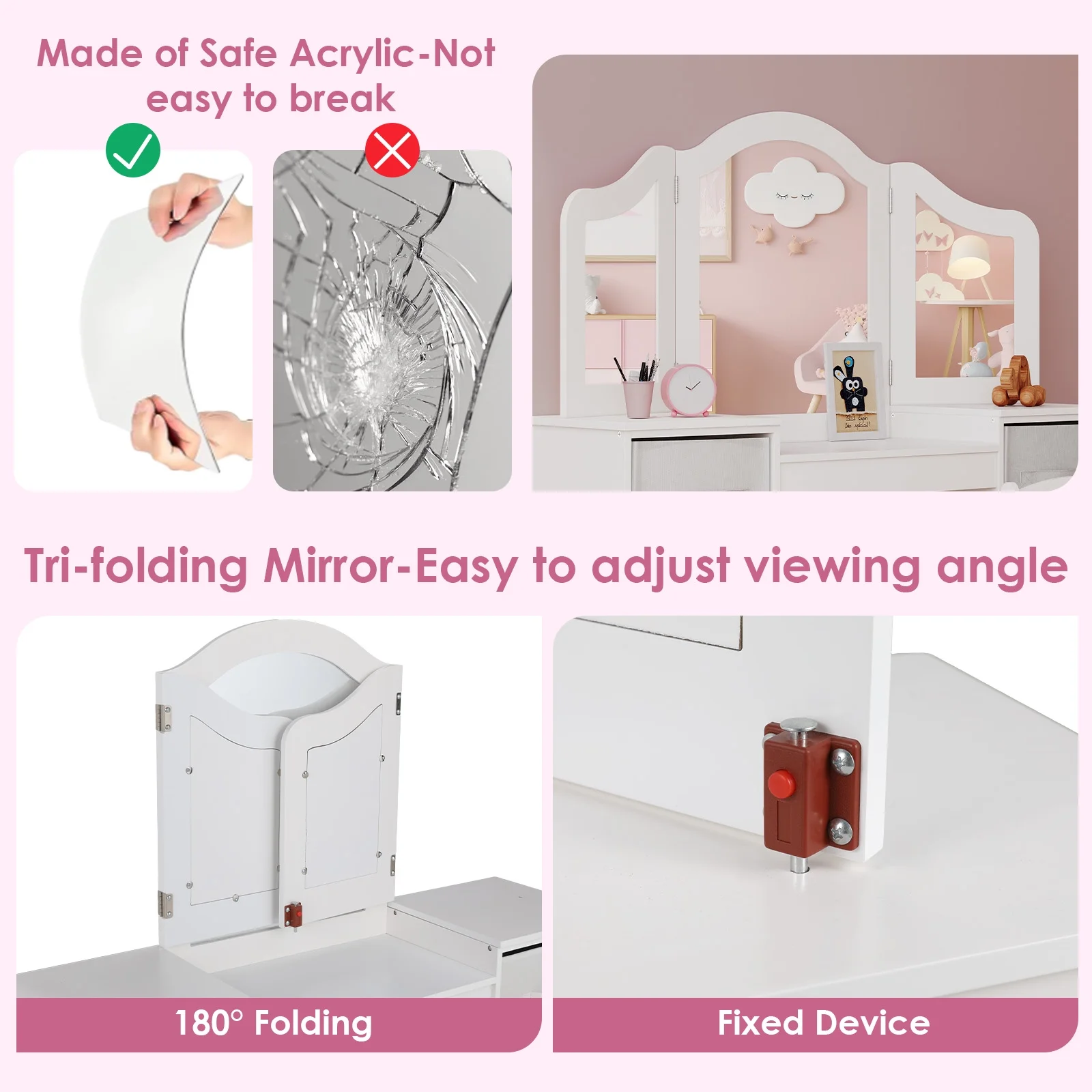 Arlopu Kids Vanity Set with Stool, Wooden Makeup Vanity Desk Children Dressing Table with Chair, Tri-Folding Mirror, Storage Cabinet & Drawers
