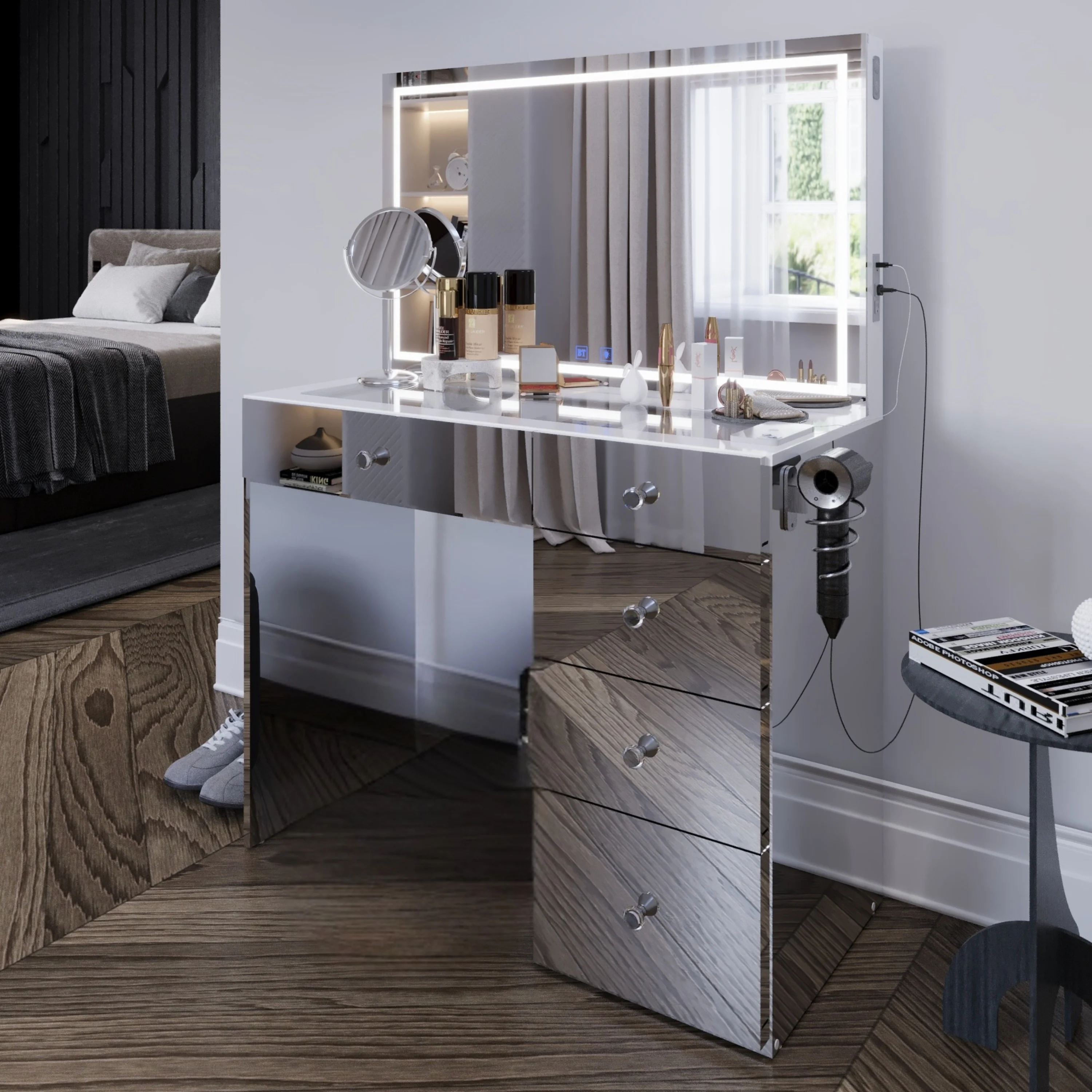 Boahaus Alana White Vanity Desk with LED Lighted Mirror, 5 Drawers, Jewelry Divider, Bluetooth Speakers, and Charging Station