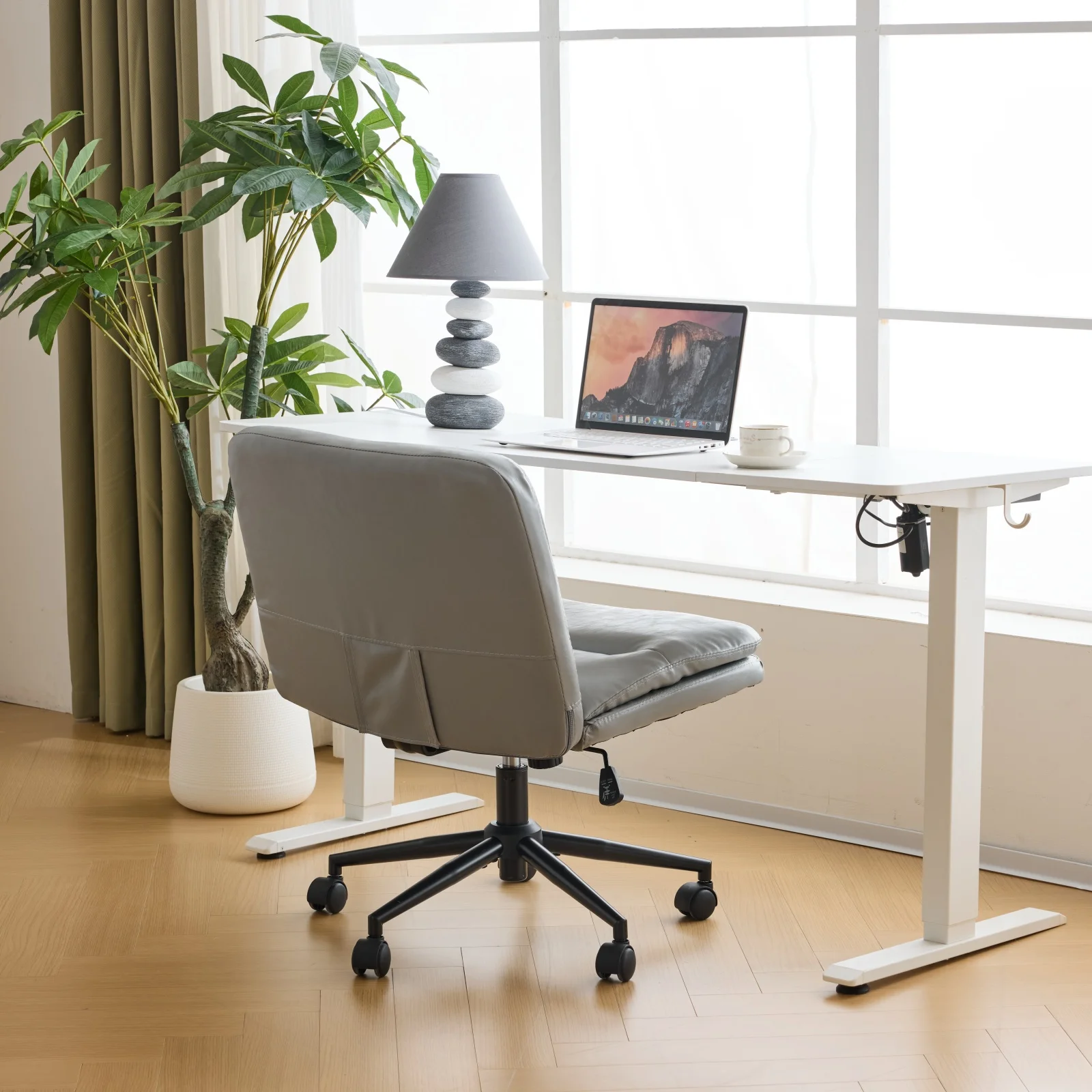 Ktaxon Armless Office Chair Swivel Study Chair Adjustable Desk Chair with Criss Cross Legs and Wheels for Conference and Home Faux Leather Gray