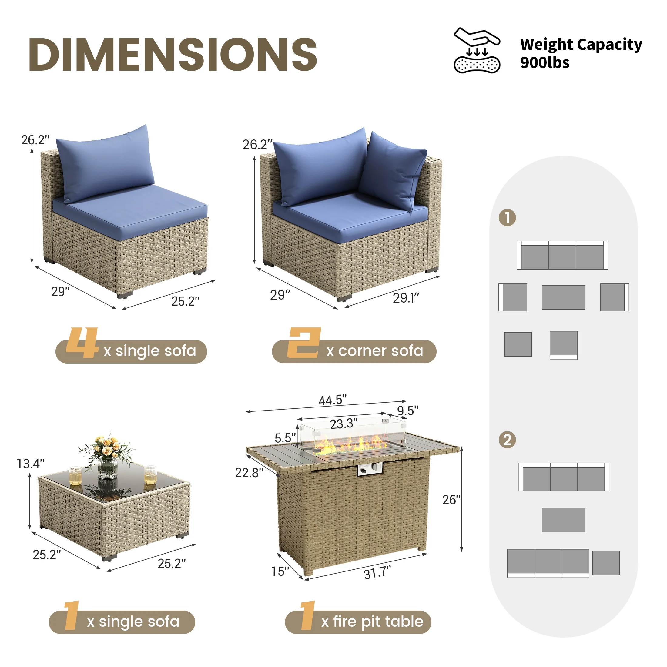 POTEBAN 7 Pieces Outdoor Patio Furniture Set, Grey Rattan Wicker Outdoor Conversation Sectional Sofa Set with Cushions for Backyard, Green