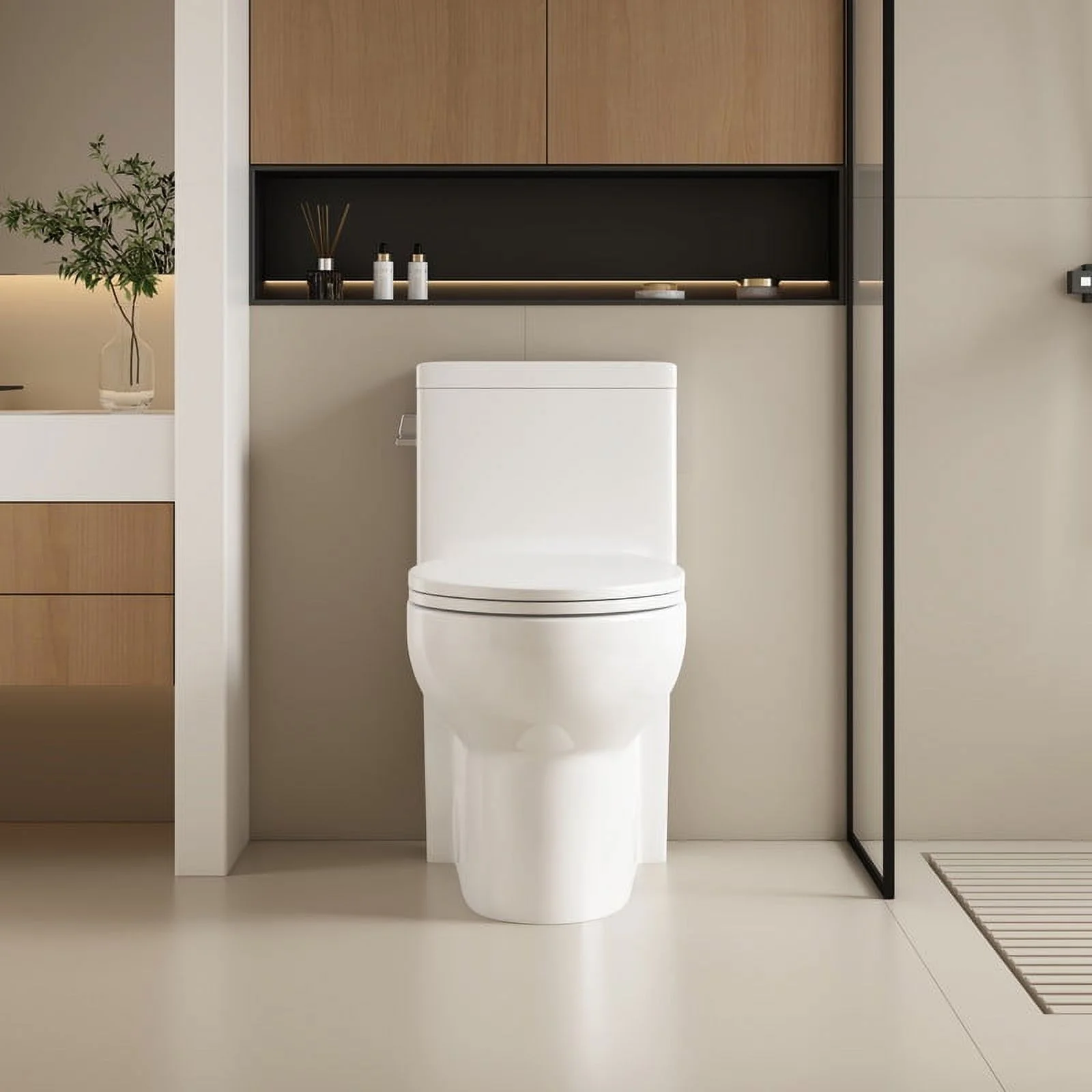 Albriya Modern One Piece Toilet with Soft Close Seat , Elongated Toilet with Comfort Seat Height, ADA Chair Height 17.32