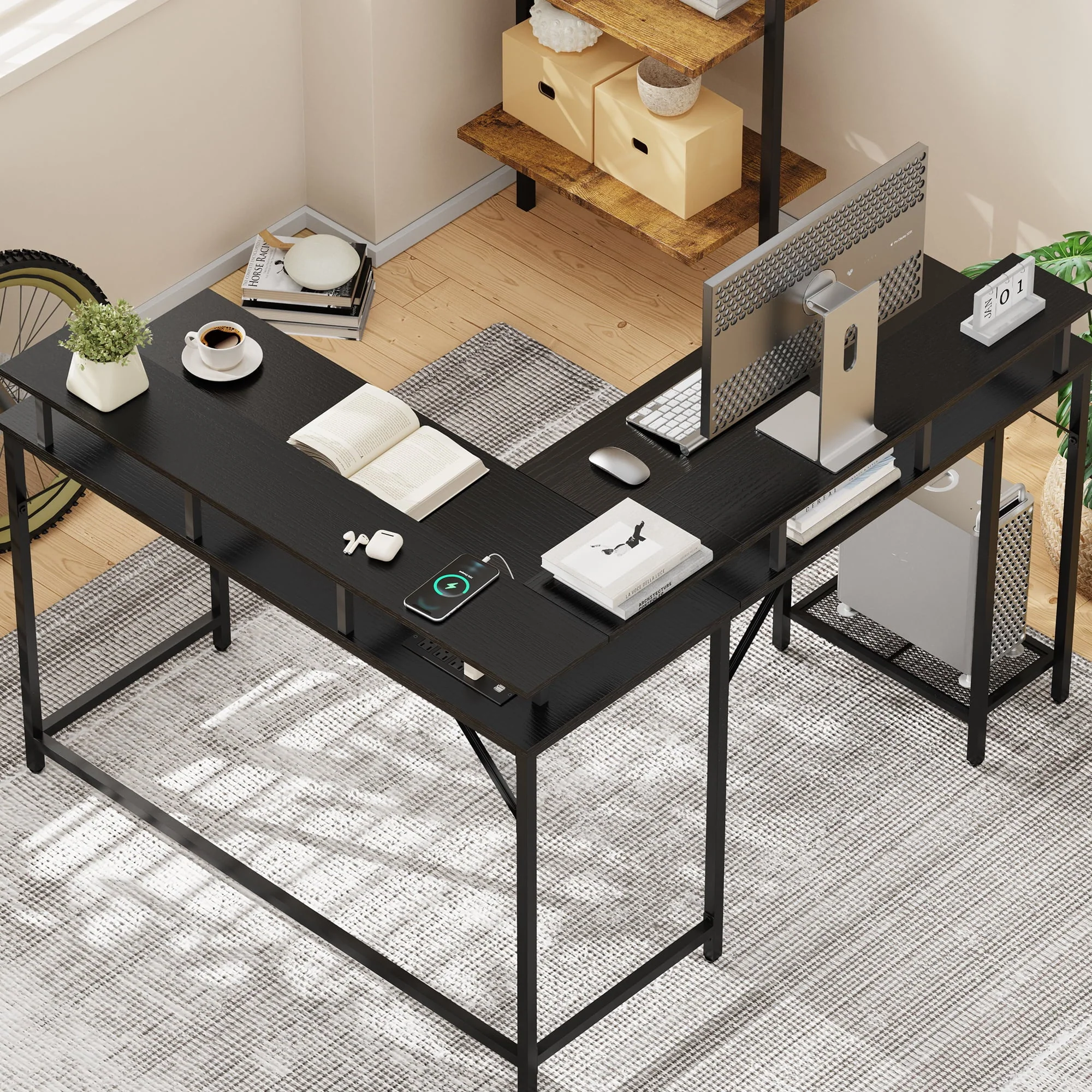 SUPERJARE L Shaped Desk with Outlets & USB Ports, Computer Desk with LED Light Strip, Corner Gaming Desk, L Office Desk, Monitor Stand, Hooks, and Storage Shelves, Black
