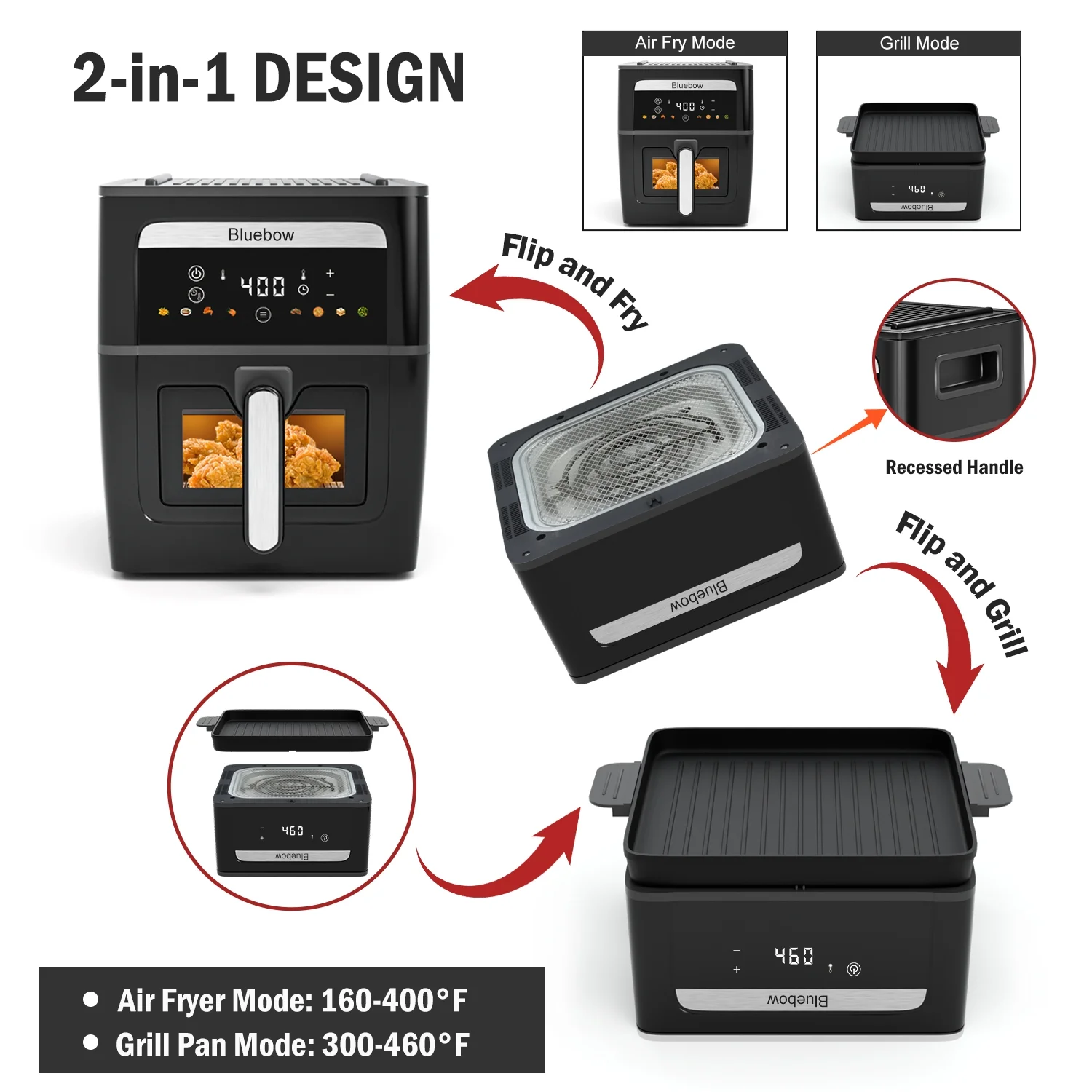 Bluebow 9QT  Air Fryer & Grill Pan Combo, Large Capacity, 8 Preset Functions, Non Toxic, Non-Stick, View Window, Black