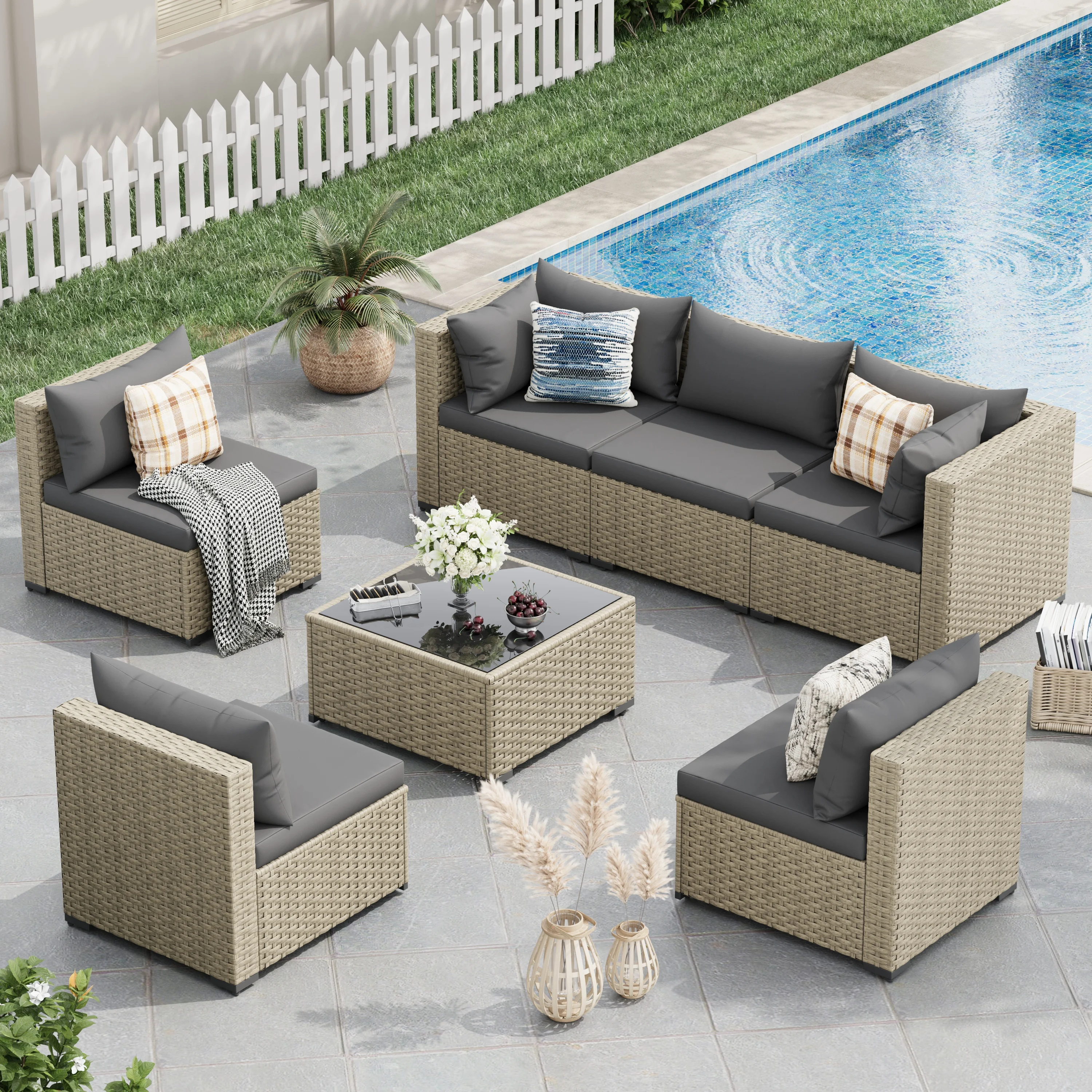 POTEBAN 7 Pieces Outdoor Patio Furniture Set, Grey Rattan Wicker Outdoor Conversation Sectional Sofa Set with Cushions for Backyard, Green