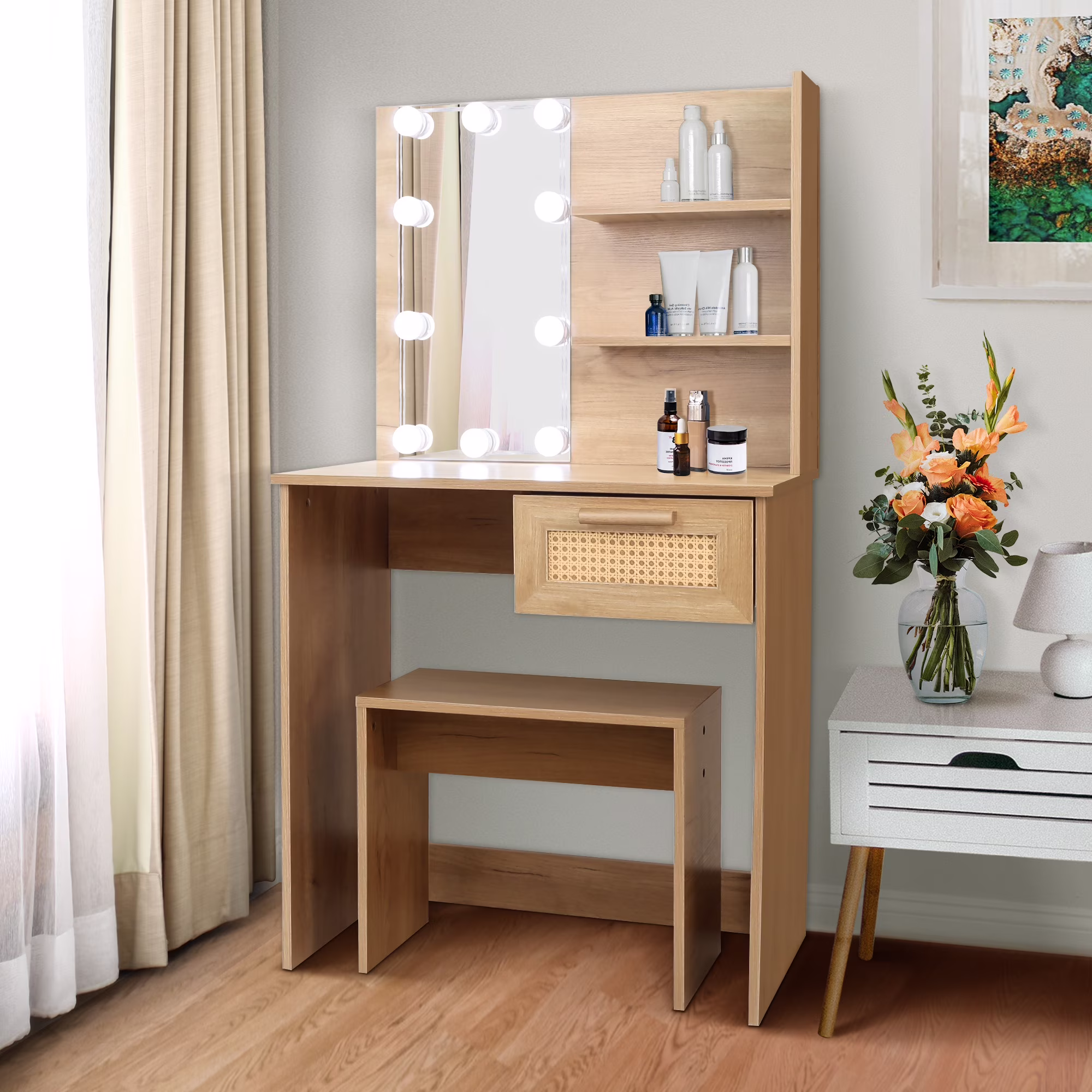 PORKISS Makeup Vanity Desk with Mirror & Lights, Vanity Table Set with Power Outlet & Hair Dryer Rack, Modern Dressing Table for Bedroom with 2 Drawers, Storage Cabinet and Storage Stool, White