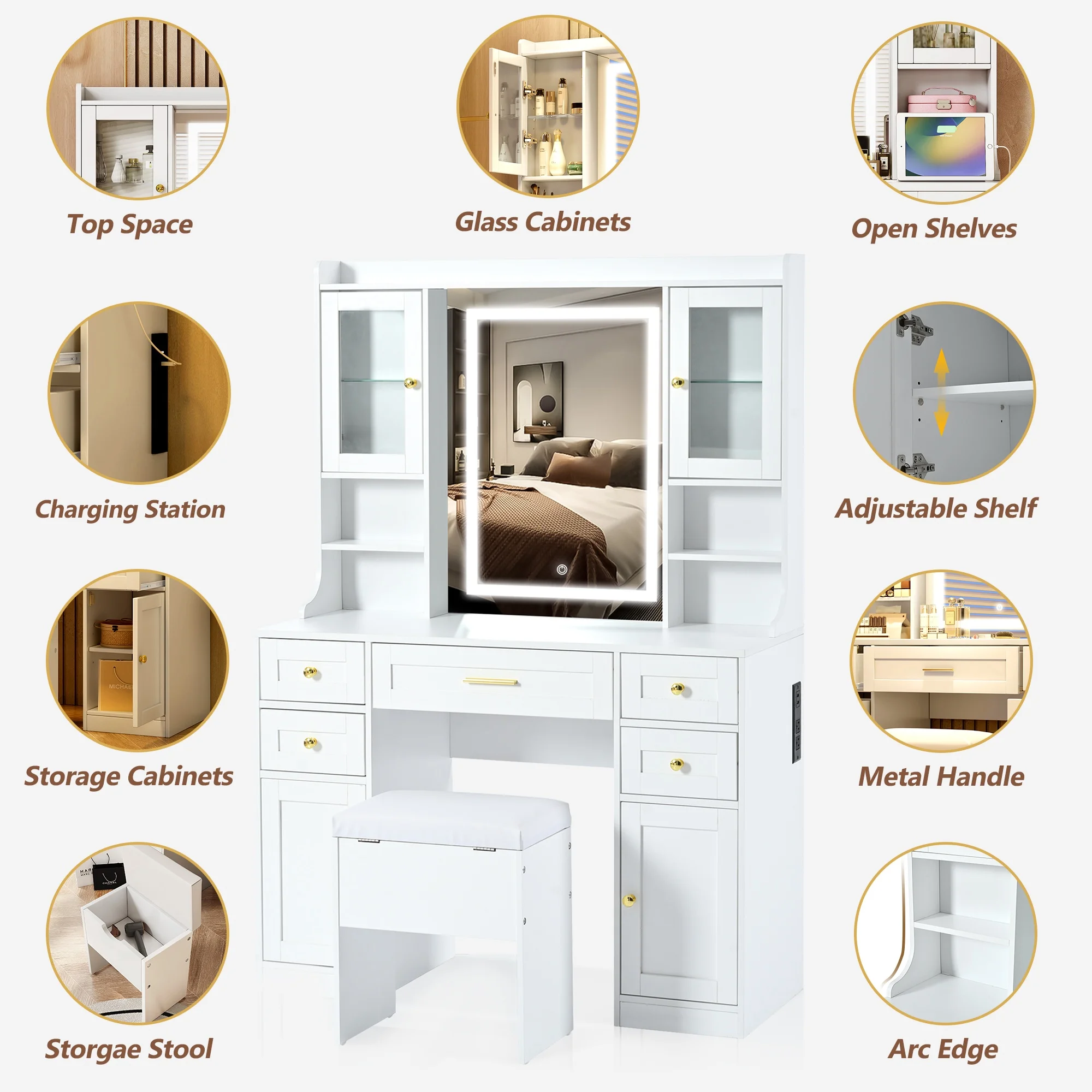 PORKISS Makeup Vanity with Mirror, Vanity Desk Set with 3 Colors Lights, Charging Station and Cushioned Storage Stool, Modern Dressing Table with 5 Drawers and 4 Cabinets for Bedroom, White