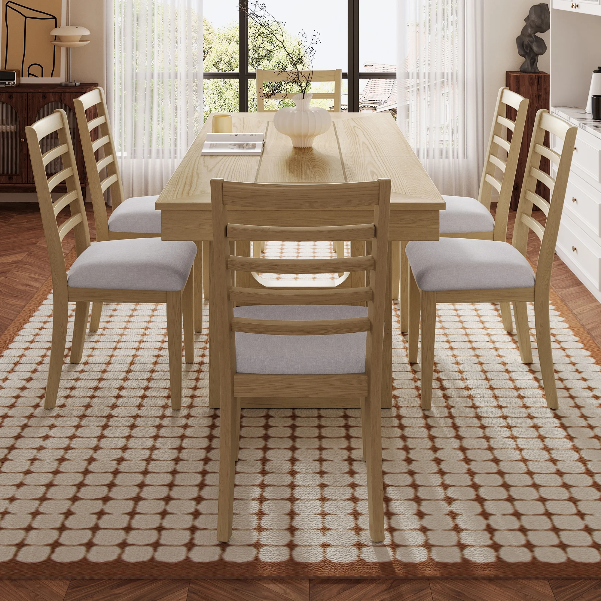 Harper & Bright Designs Farmhouse Extendable Dining Table Set for 6, 7 Pieces Rectangle Dining Table with 6 Upholstered Chairs, Wood Expanding Kitchen Table Set for Dining Room, Brown