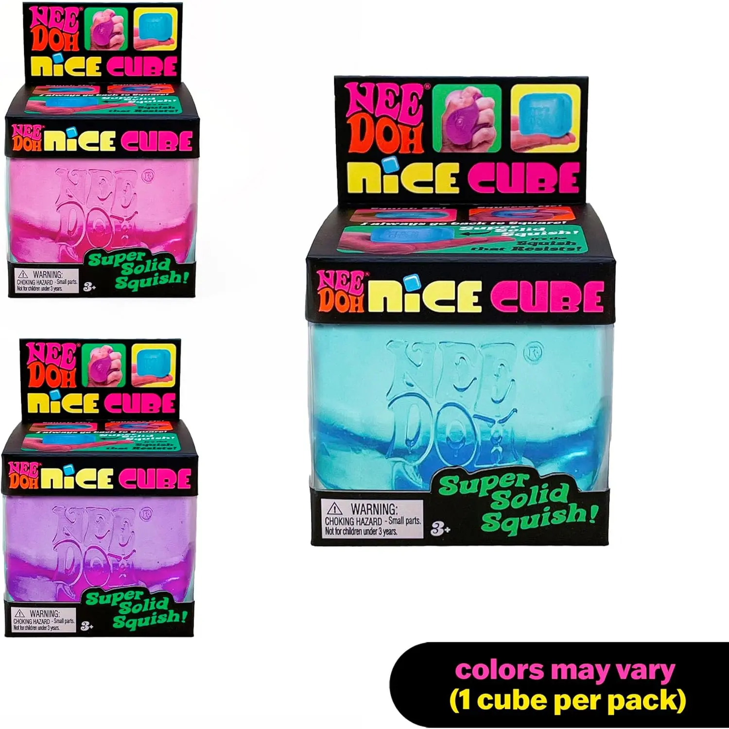 Needoh Nice Cube Sensory Toy with a Super Solid Squish - Always Returns to Its Square Shape - Colors May Vary 3 Pack