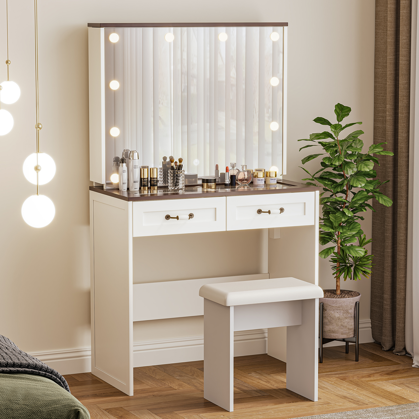Vanity Desk with Chair, White Makeup Desk Set with Mirror & LED Lights, Vanity Table with Power Strip, 2 Drawers, 4 Shelves