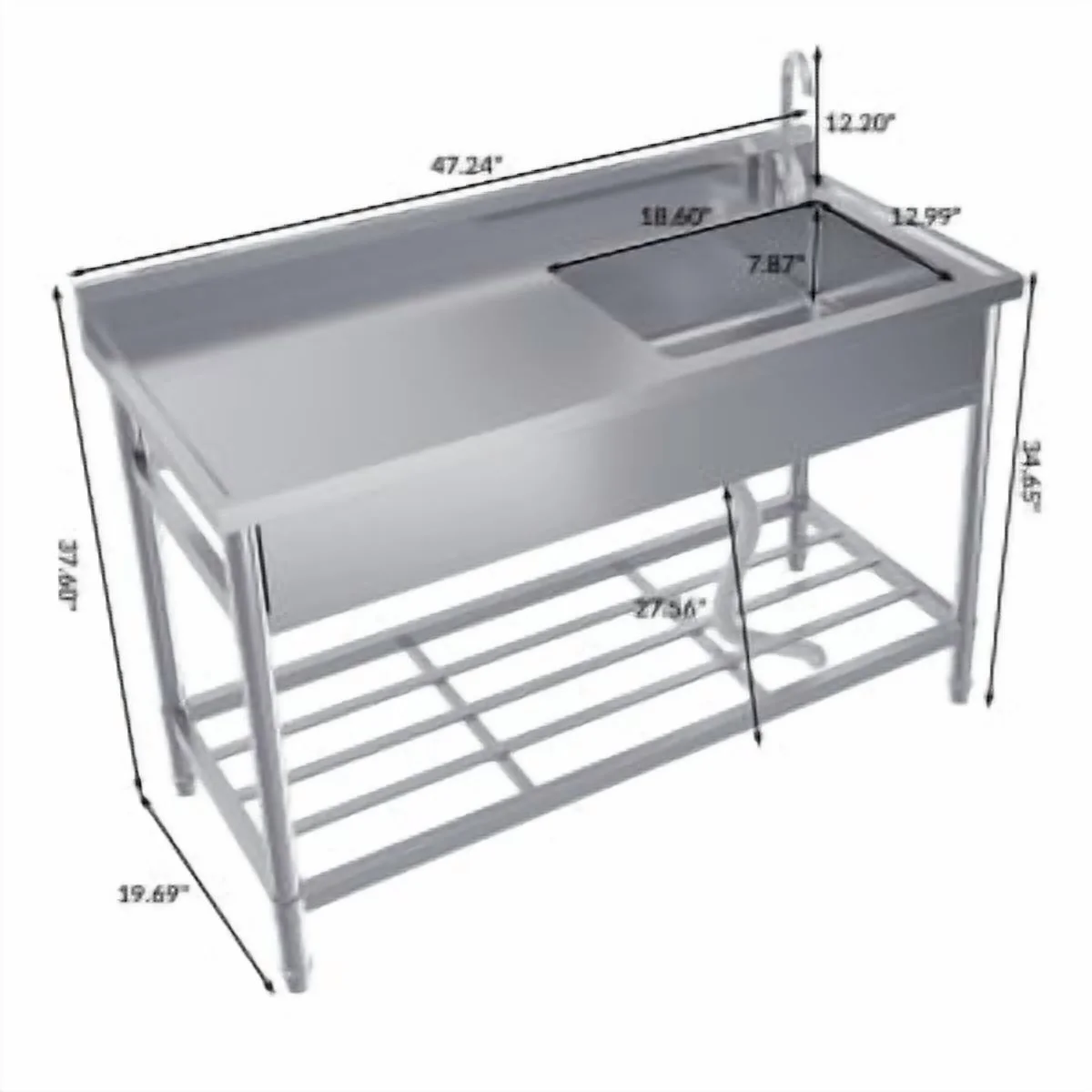 Stainless Steel Outdoor Sink,Freestanding Single Bowl Utility Sinks with Cold/Hot Water Hose,Storage Shelf,Faucet and Adjustable Legs,Outdoor Sink Station with Storage Shelf for Backyard,Restaurant