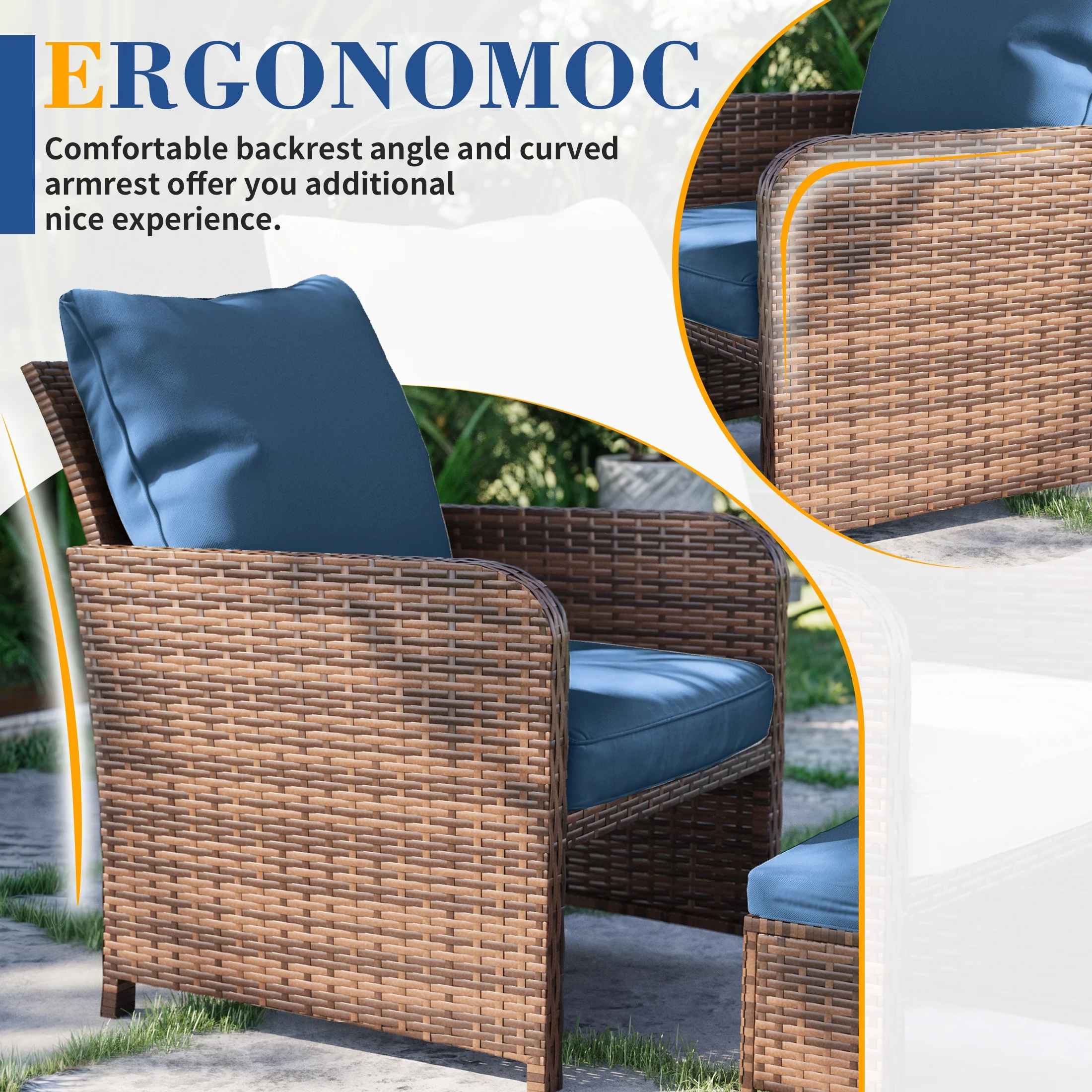Poteban Balcony Furniture 5 Piece Patio Furniture Set, Outdoor Patio Chair with Ottoman for Front Porch Deck, Wicker Lounge Chair with Side Table, Grey