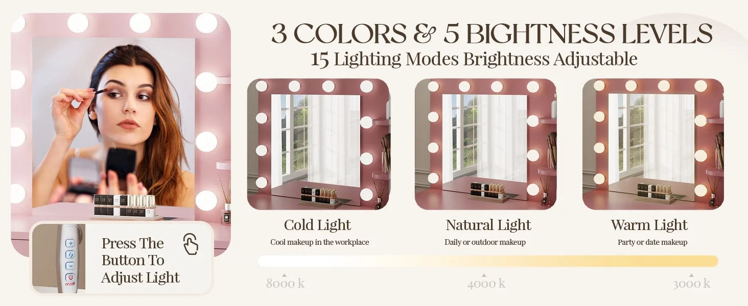 LIVELYGLOW Vanity Desk with Mirror and Lights, Makeup Vanity with Drawer & Storage Shelves, Cabinet, 3 Lighting Modes Adjustable Brightness,White