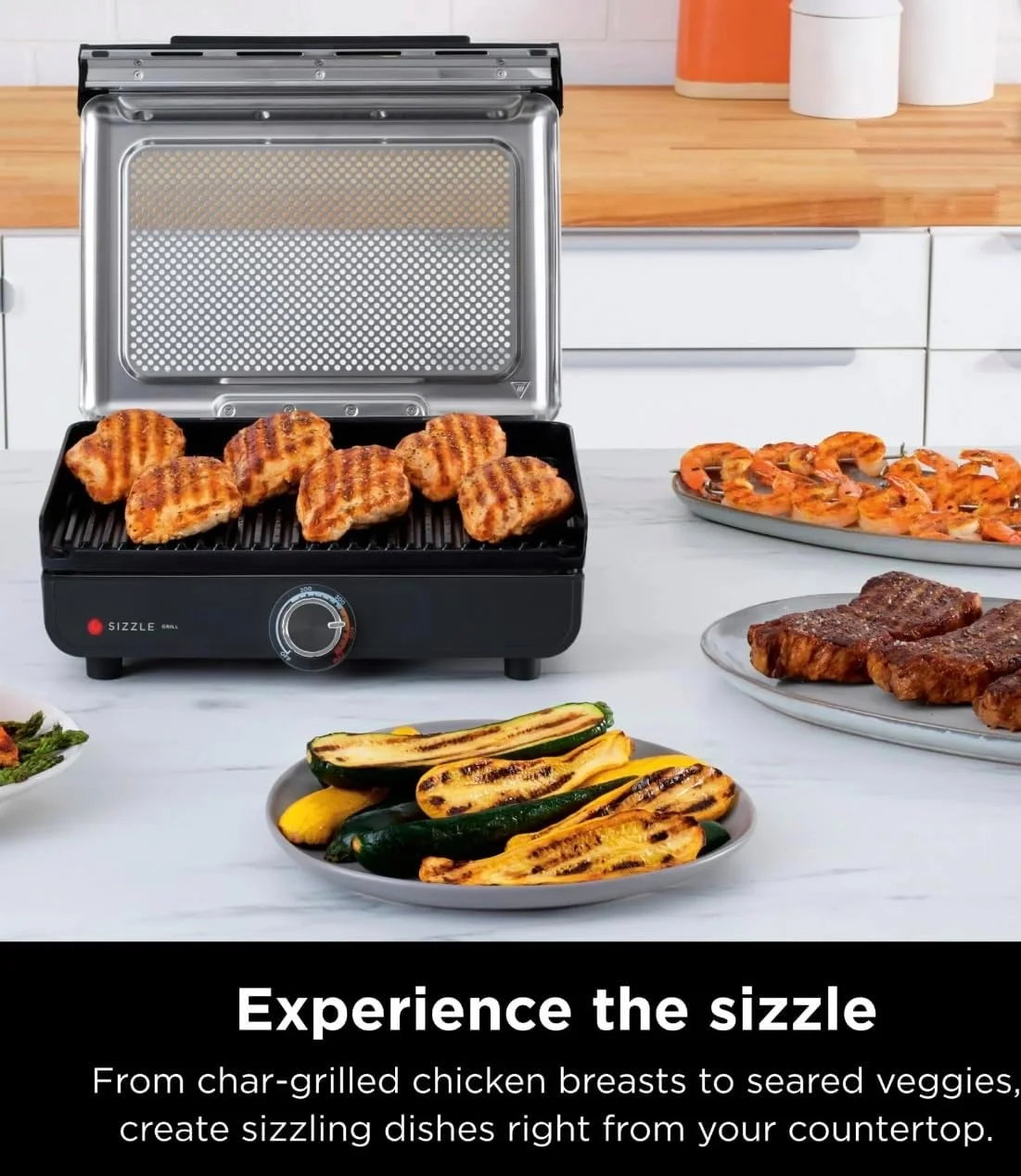 Ninja Sizzle Indoor Grill, 500��F High Heat Kitchen Grill with Nonstick 14 Inch Plate, Low-Smoke Technology, Edge-to-Edge Heating, Family-Sized Capacity, Countertop Cooking Tool (GR100)