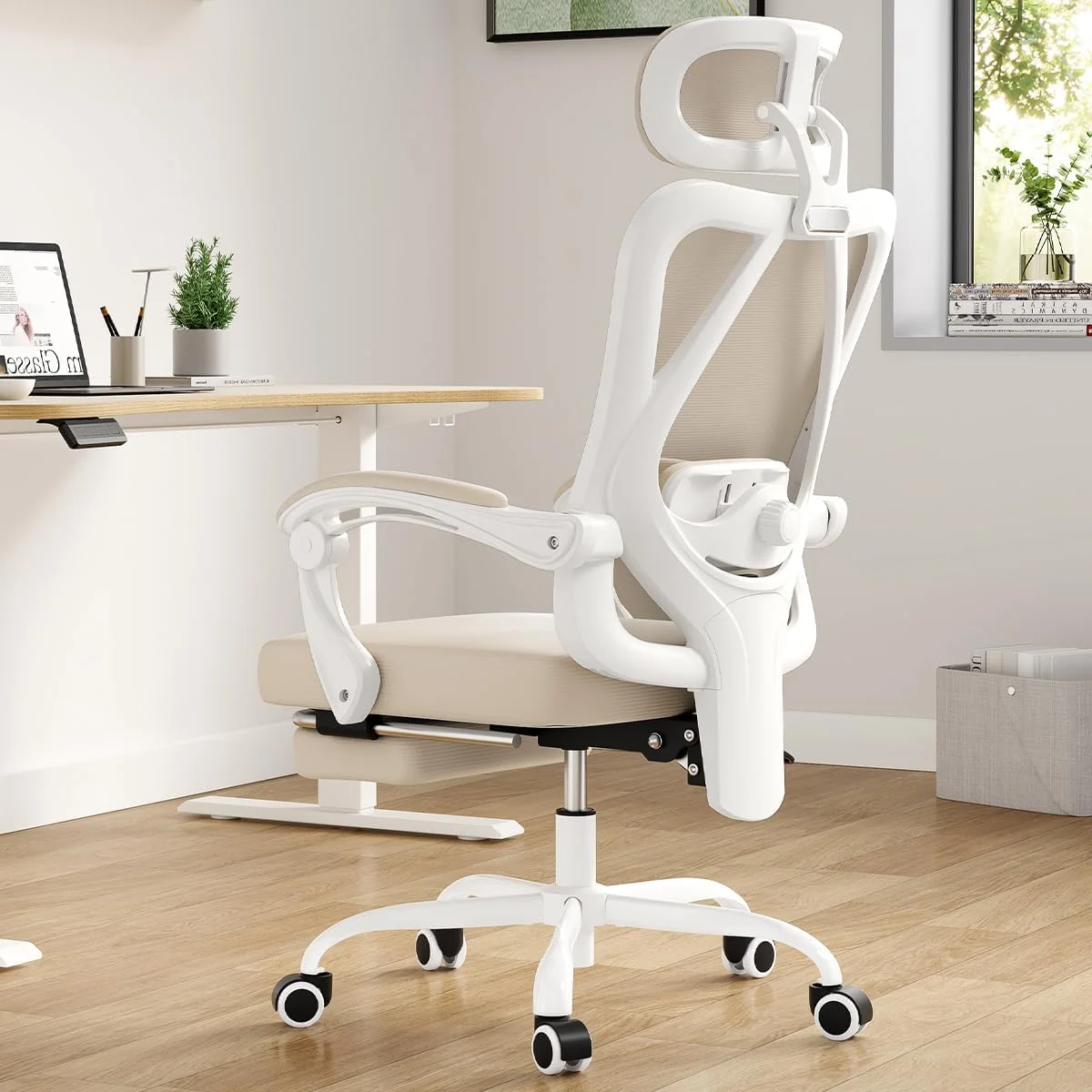 STARY Ergonomic Office Chair with Footrest, High Back Mesh Desk Chair with Adjustable Headrest & Lumbar Support, Comfortable Computer Chair for Home Office Study, White & Beige