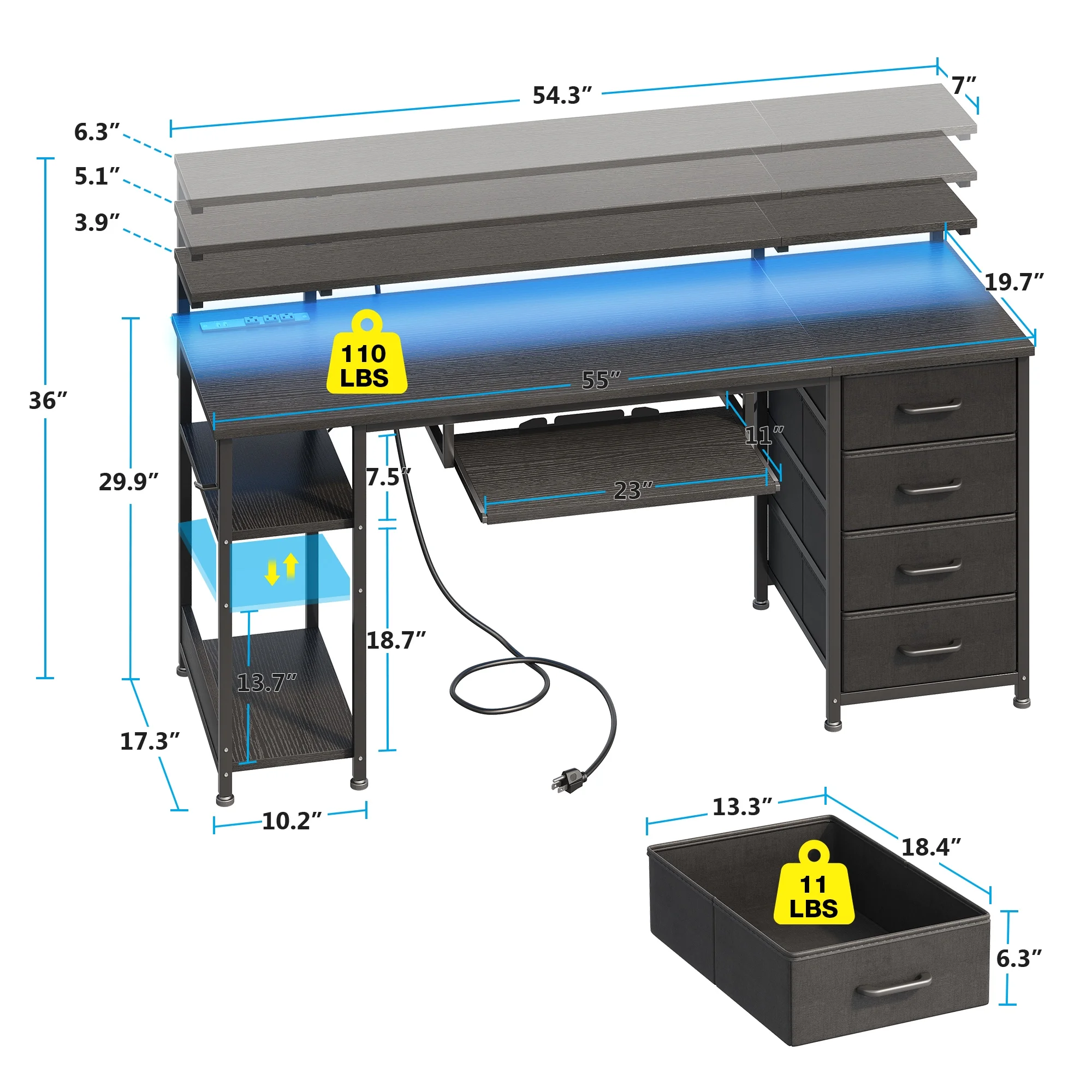 55 inch Office Desk with Power Outlet and Adjustable Monitor Stand, Computer Desk with Fabric Drawer and Keyboard Tray, Gaming Desk with LED Light & PC Stand, Vintage