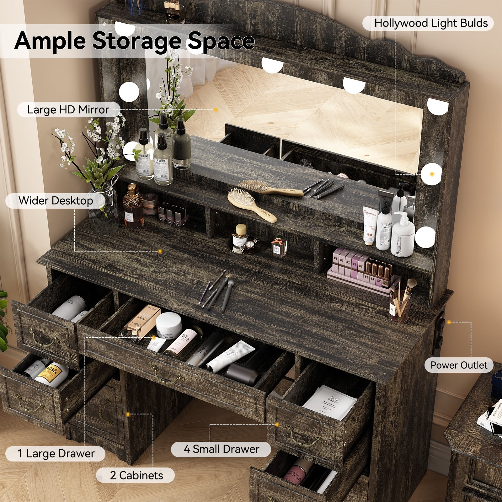Vanity Desk with Mirror and Light 1 Piece Bohemian White Vanity Table,French Country Style