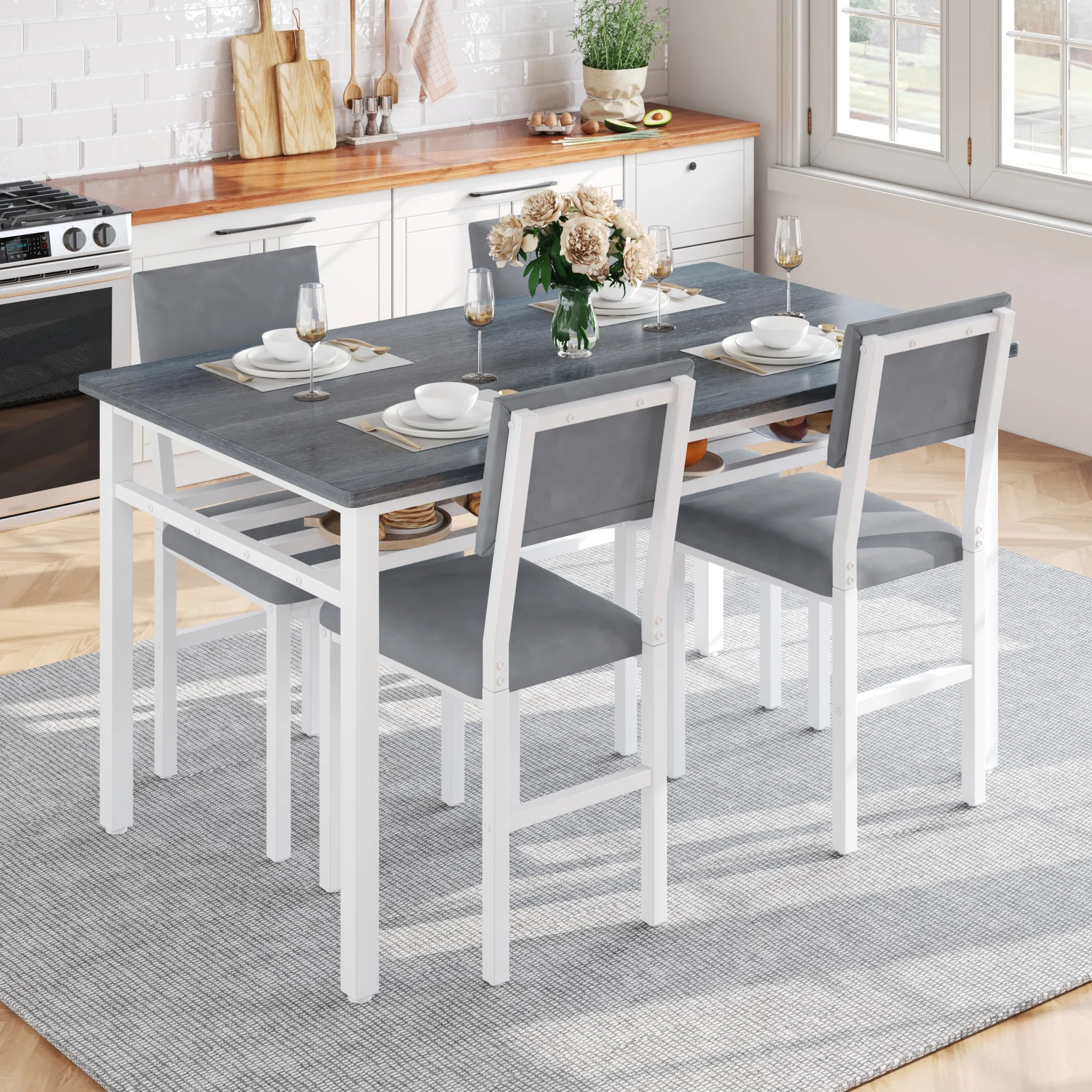 UHOMEPRO 5 Piece Dining Room Table Set, Modern Dining Table Set with 4 Velvet Upholstered Chairs and Storage Shelf for Dining Room Breakfast Nook, Rectangle Kitchen Table Set for 4, Gray��
