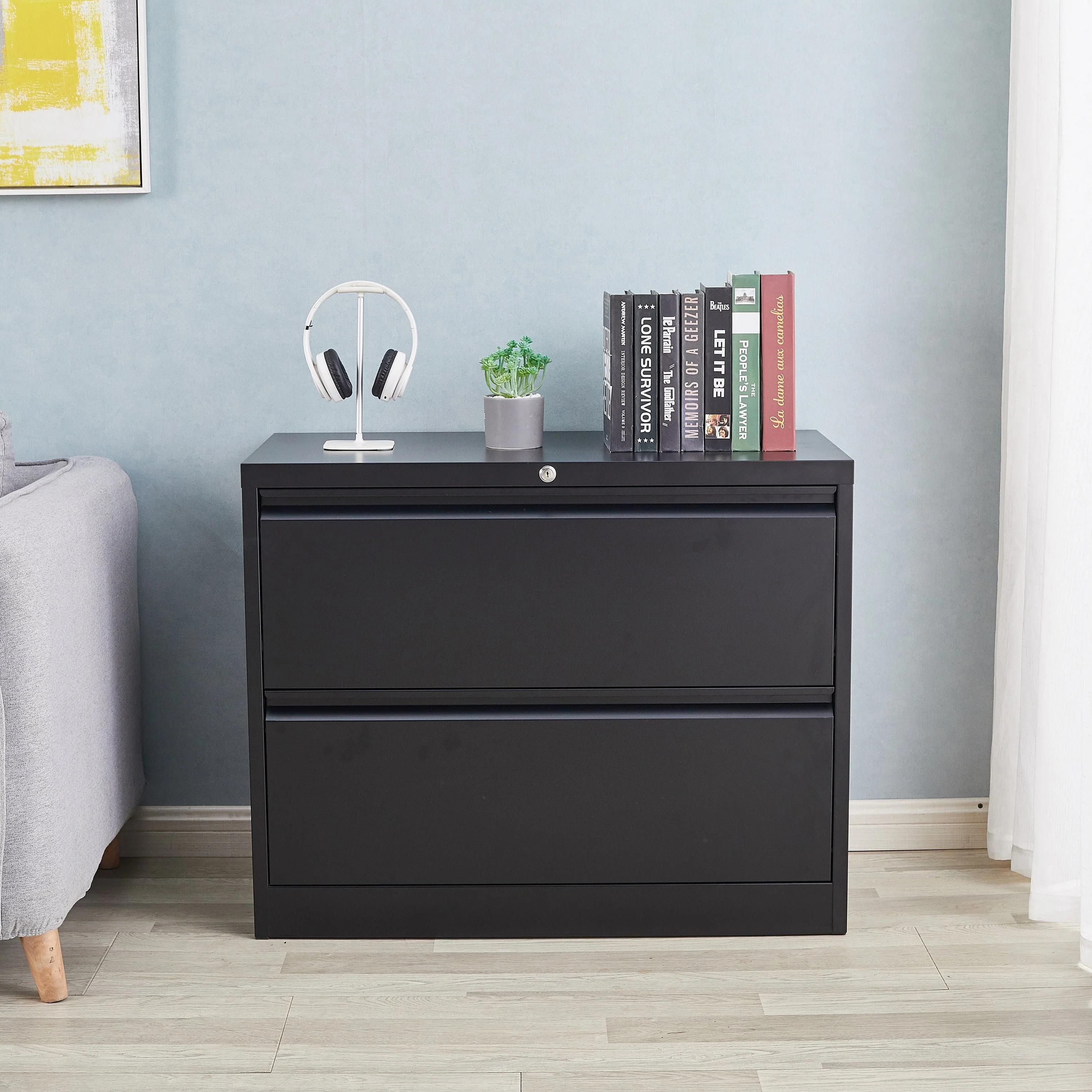 GangMei Black Metal Lateral File Storage Cabinet with 2 Drawers, Wide Filing Cabinet for Home Office, Steel File Cabinet for Legal/Letter, Assembly Required, Black