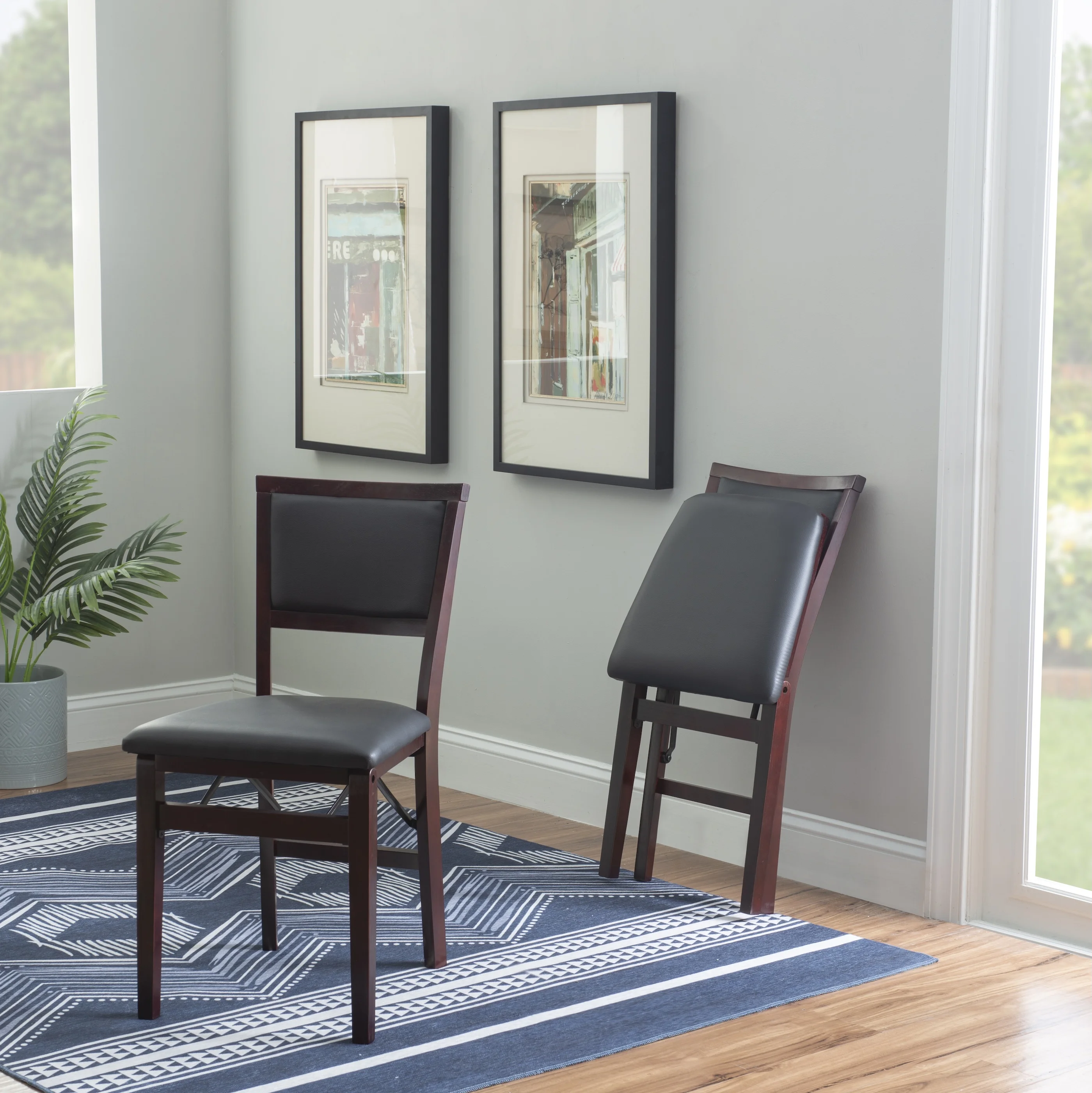 Linon Triena Set of 2 Folding Chairs Brown Faux Leather Back/Seat in Merlot Wood