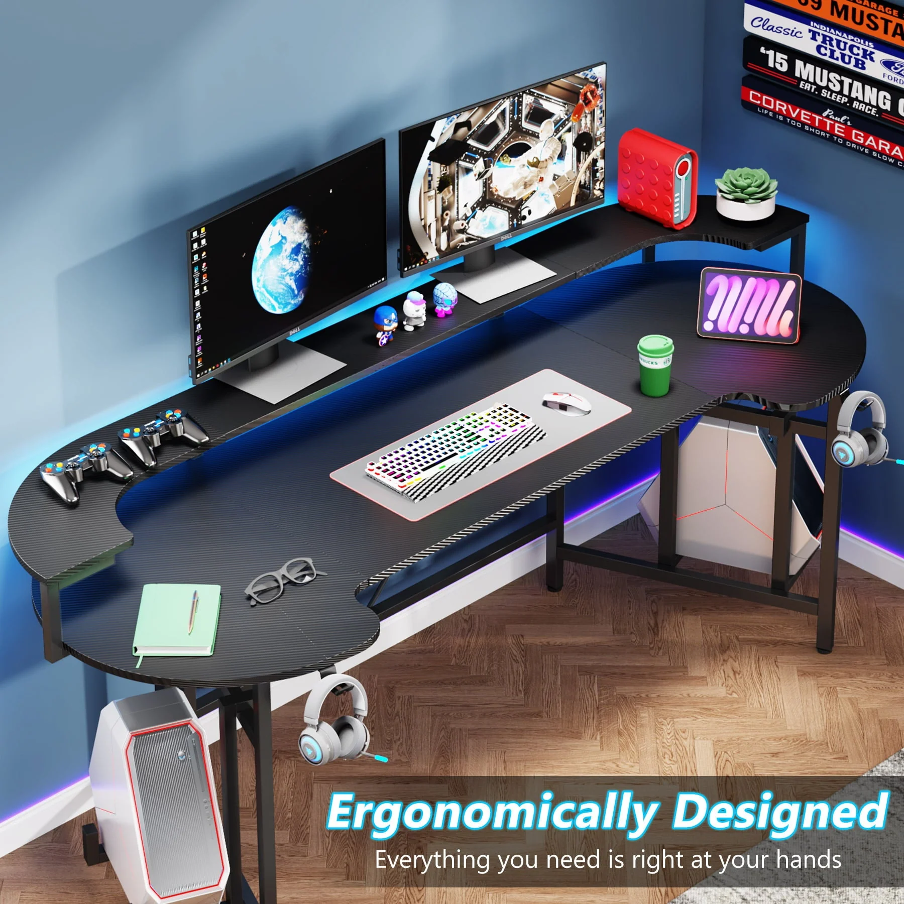 Tribesigns Gaming Desk with Monitor Shelf, 75 inch PC Computer Desk with LED Strip, Carbon Fiber Surface Gaming Table Gamer Workstation for Bedroom, Home Office, Black