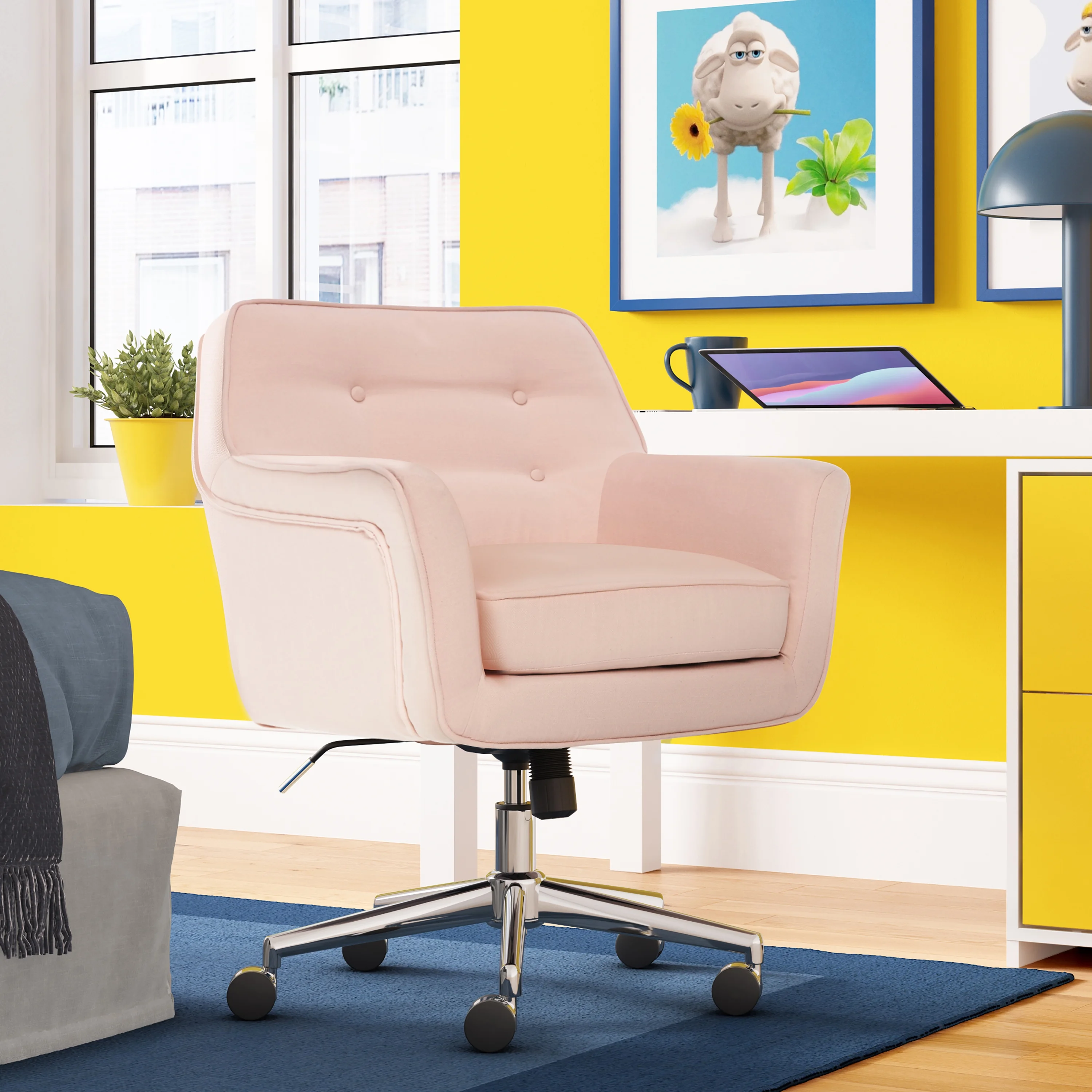 Serta Ashland Office Desk Chair, Button Tufted Mid-Back, Memory Foam Cushion, Chrome Swivel Base, Charcoal