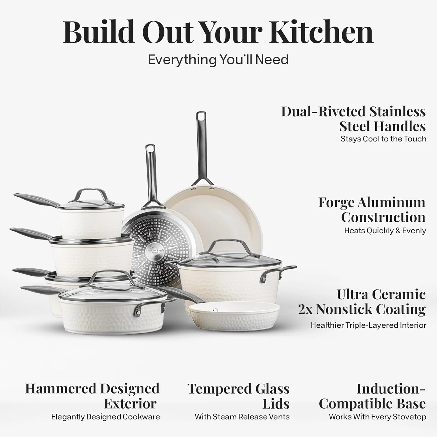 Gotham Steel Hammered 20 Pc Ceramic Cookware Set Nonstick, Induction Pots and Pans Set, Non Toxic Cookware Sets, Oven & Dishwasher Safe - Copper