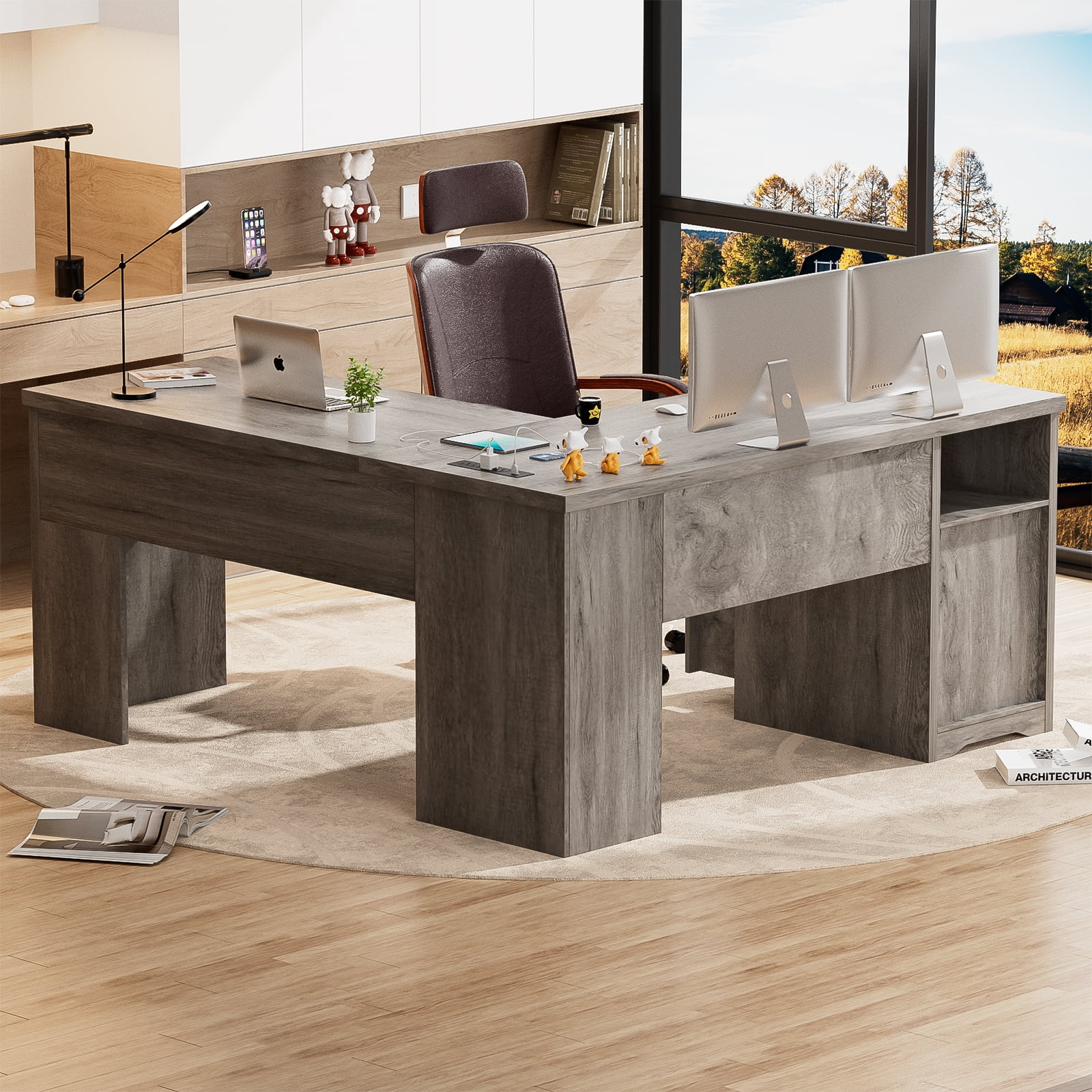 Homieasy L Shaped Desk with Power Outlets and USB Charging Ports, Lift Top Corner Computer Desk with Drawer, Large Office Desk with Storage Shelves, L Shaped Standing Desk for Home Office, Black Oak