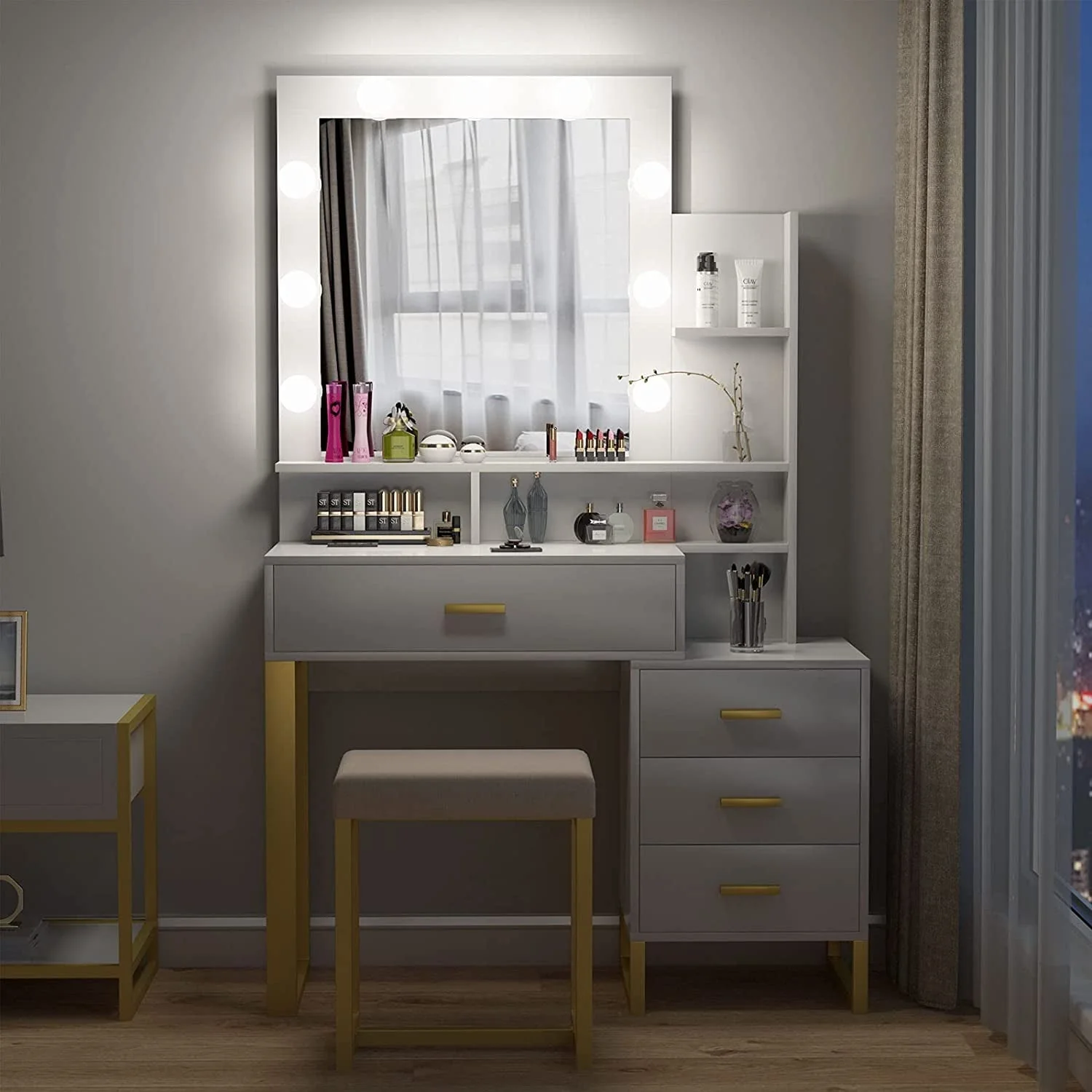 Pakasept Vanity Set with Lighted Mirror, Makeup Vanity Dressing Table with LED Light, Drawers, Storage Shelves and Cushioned Stool, Small Vanity Desk for Bedroom