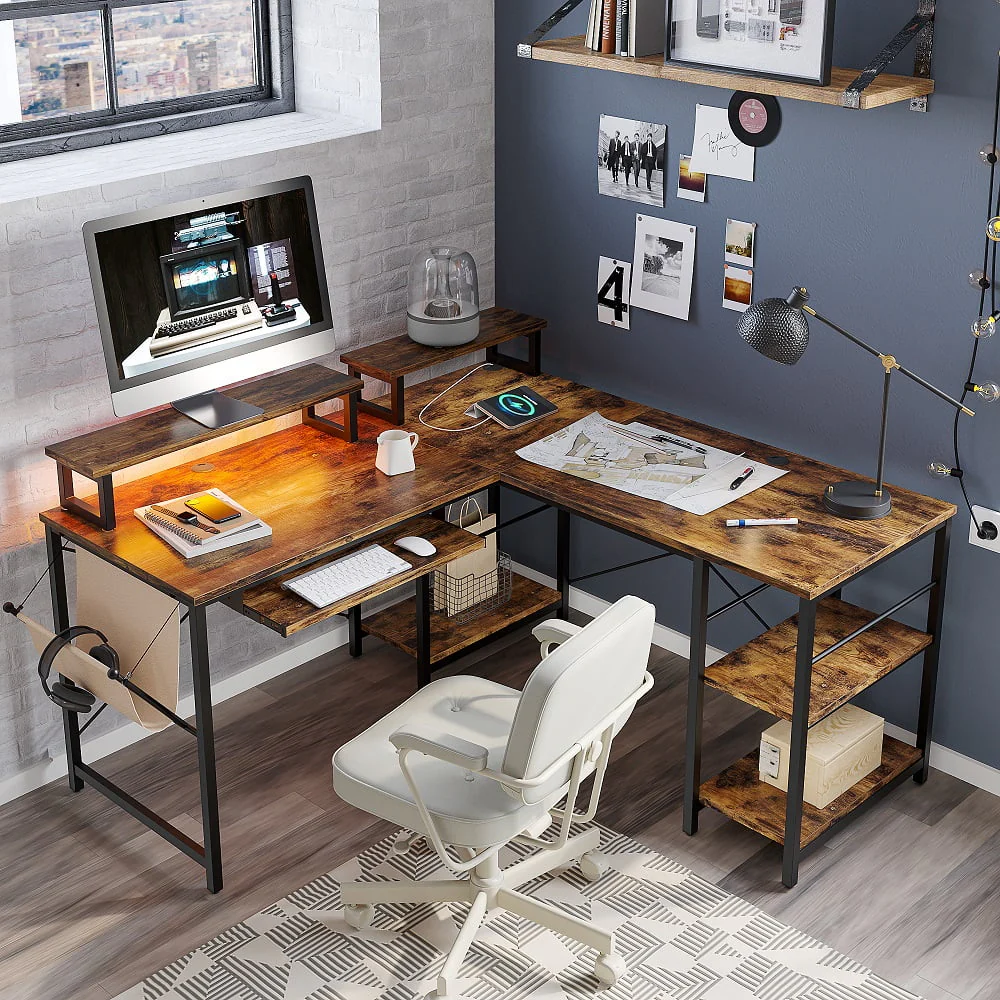 Bestier 95.2 inch L Shaped Gaming Desk with Monitor Stand & Keyboard Tray for Home Office in Rustic
