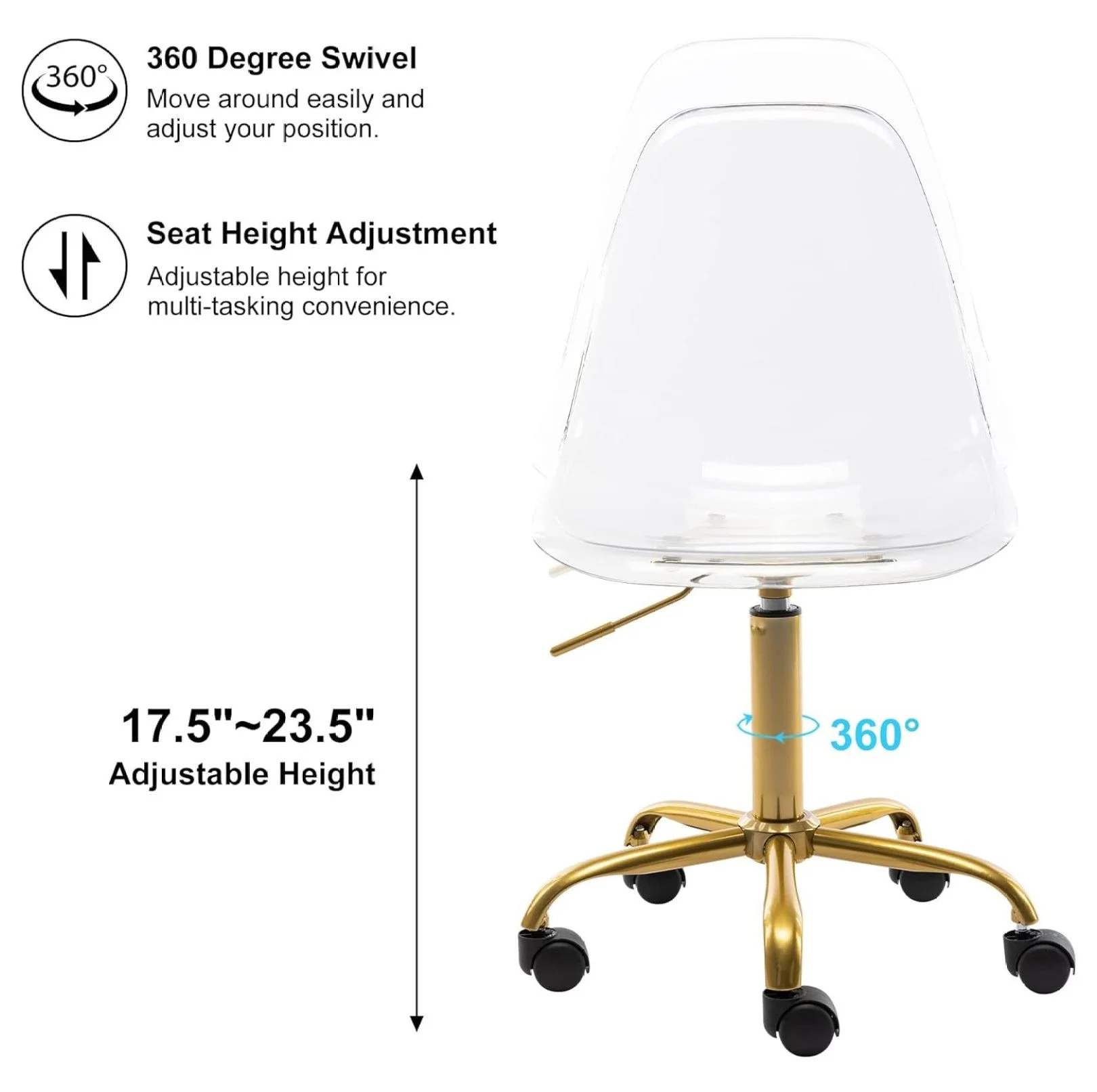 saney Clear Rolling Chair, Armless Desk Chair with Golden Feet Swivel Molded Plastic Shell Adjustable Home Office Chair with Wheels, Clear
