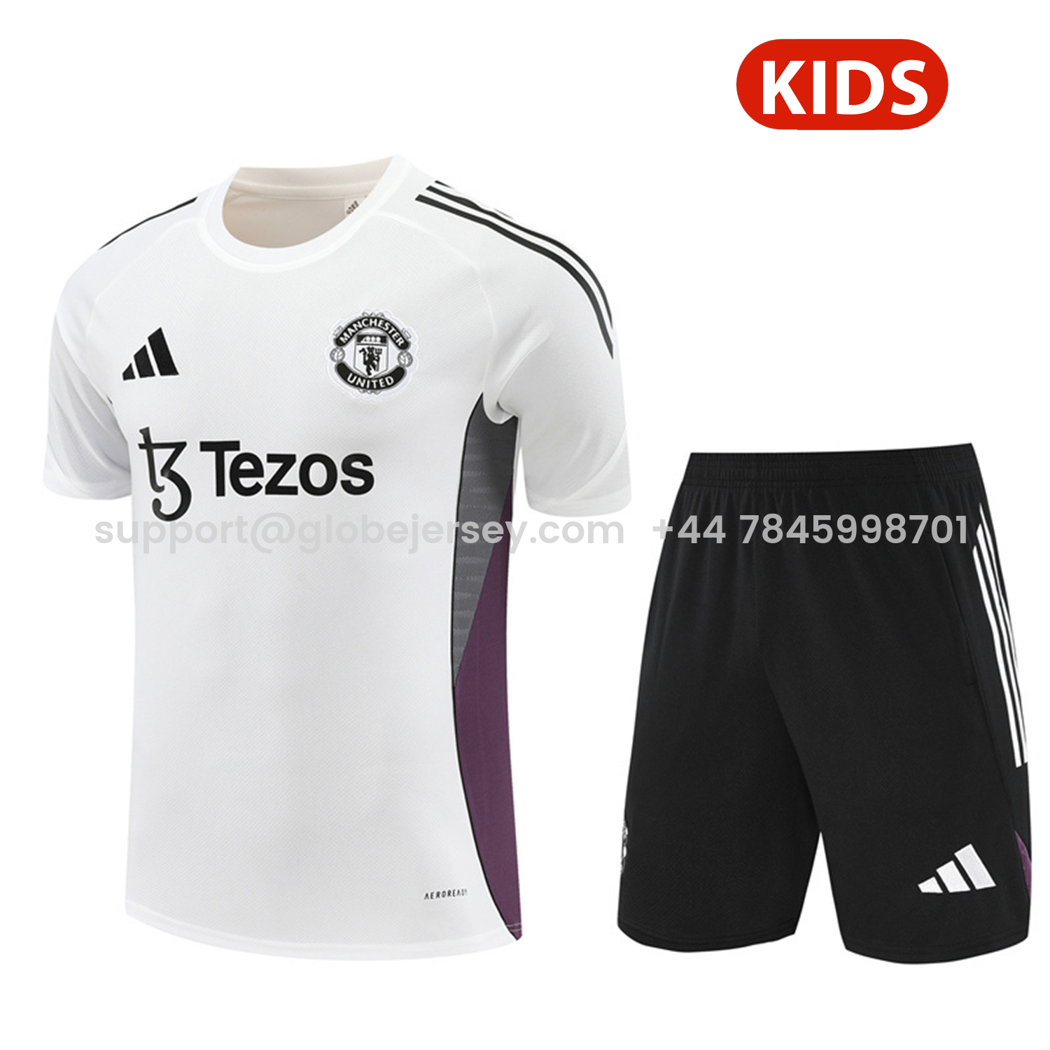 Manchester United 25-26 Kids Short-Sleeve Training Set - White Purple Top & Black Shorts