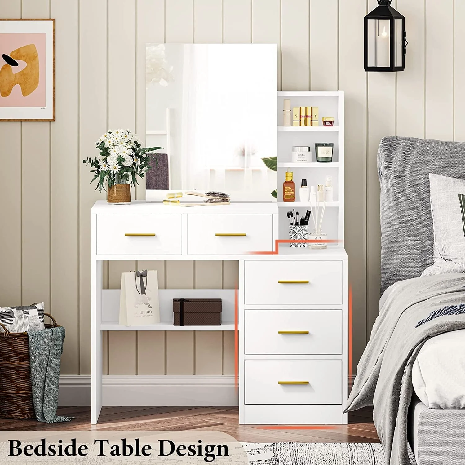 Makeup Vanity Table with Nightstand&Sliding Mirror, Modern Vanity Desk Dressing Table with 3-Drawer for Women Girls,White