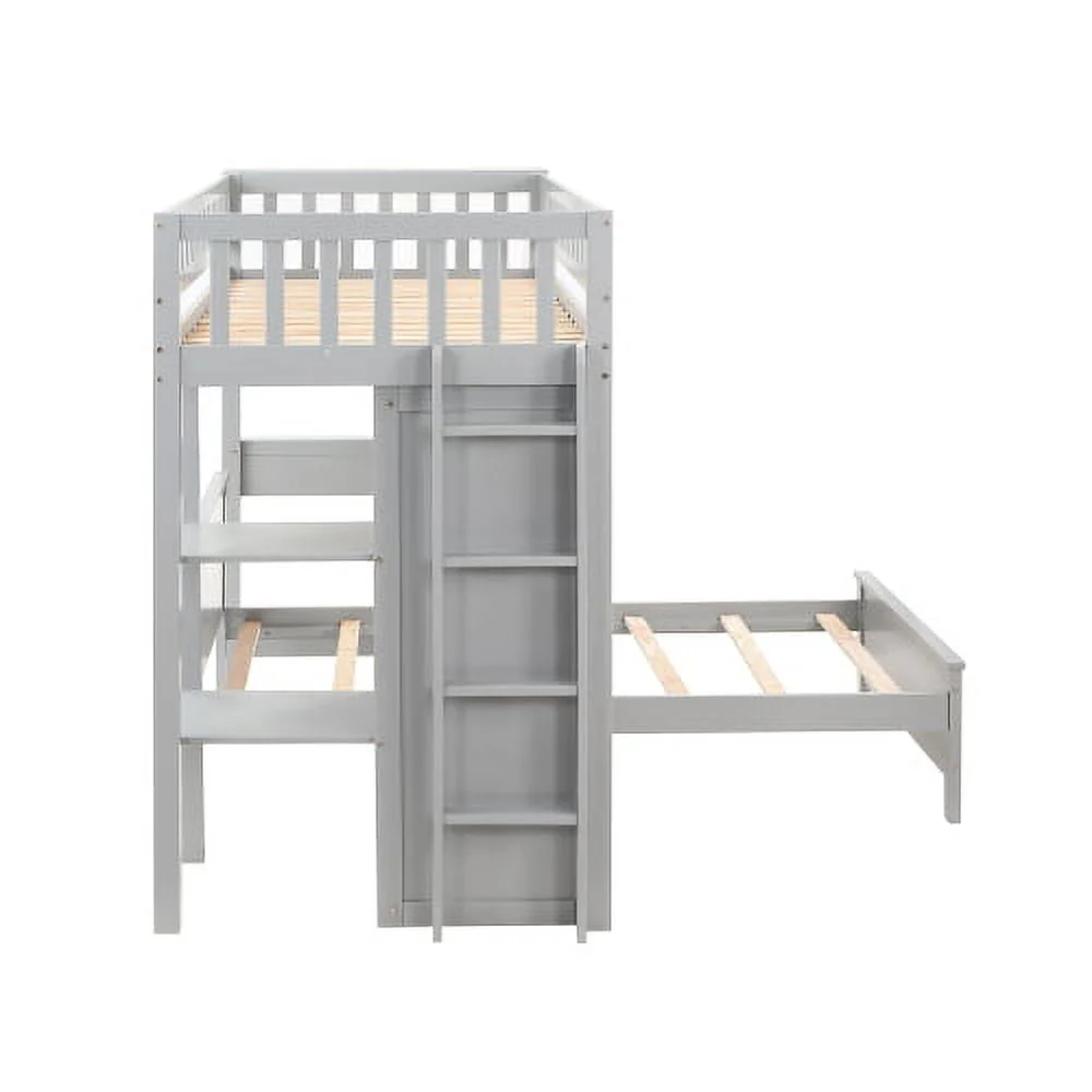 Twin Loft Bed with Closet & Desk, Wood Bed Frame with Movable Bed, Bunk Bed for Kids Adult, Gray
