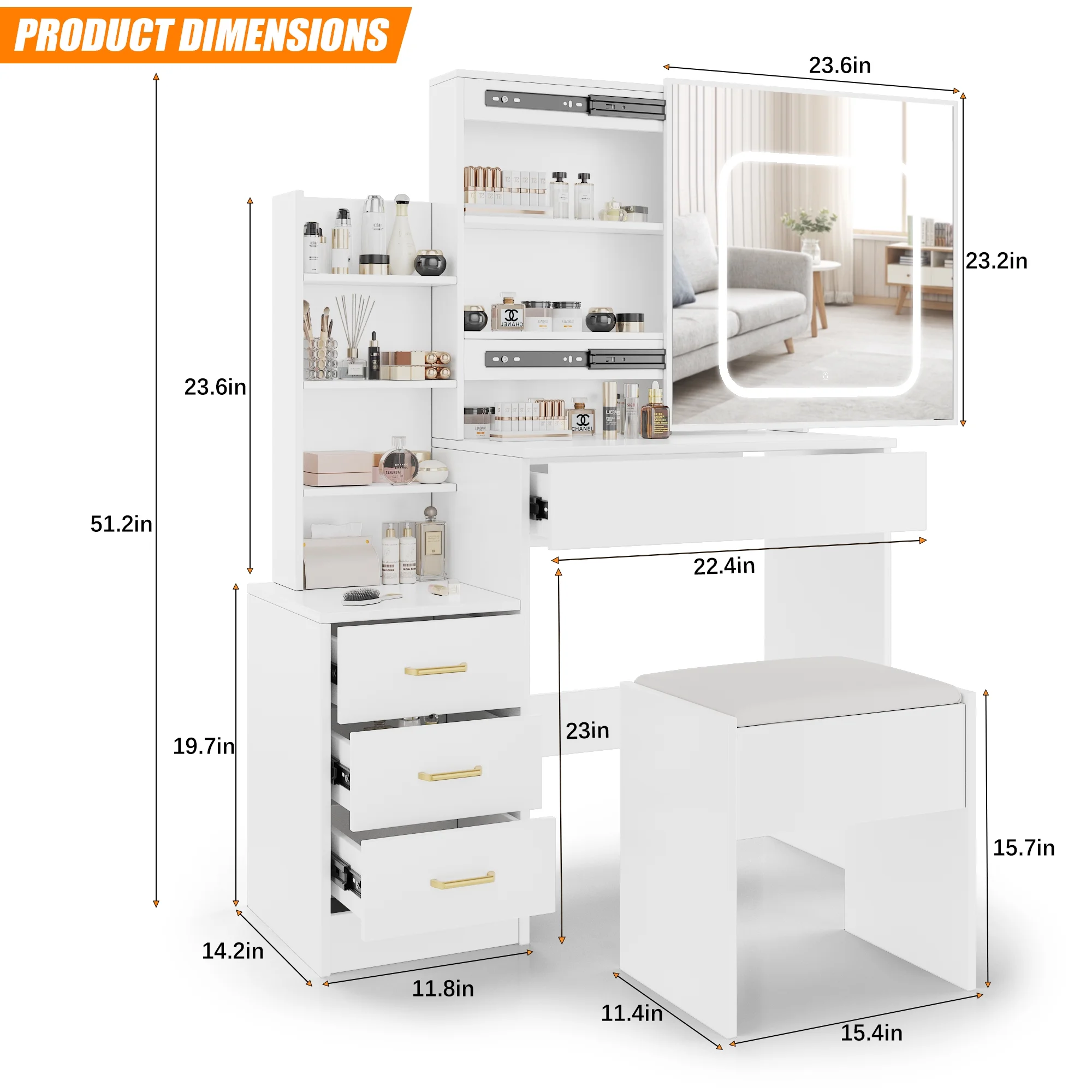 Vanity Desk with Sliding Mirror and Lights, Makeup Vanity Set with 4 Drawers, Stool, Power Outlet, Open Shelves, 3 Color Adjustable Lighting Modes, Makeup Dressing Table for Bedroom, White