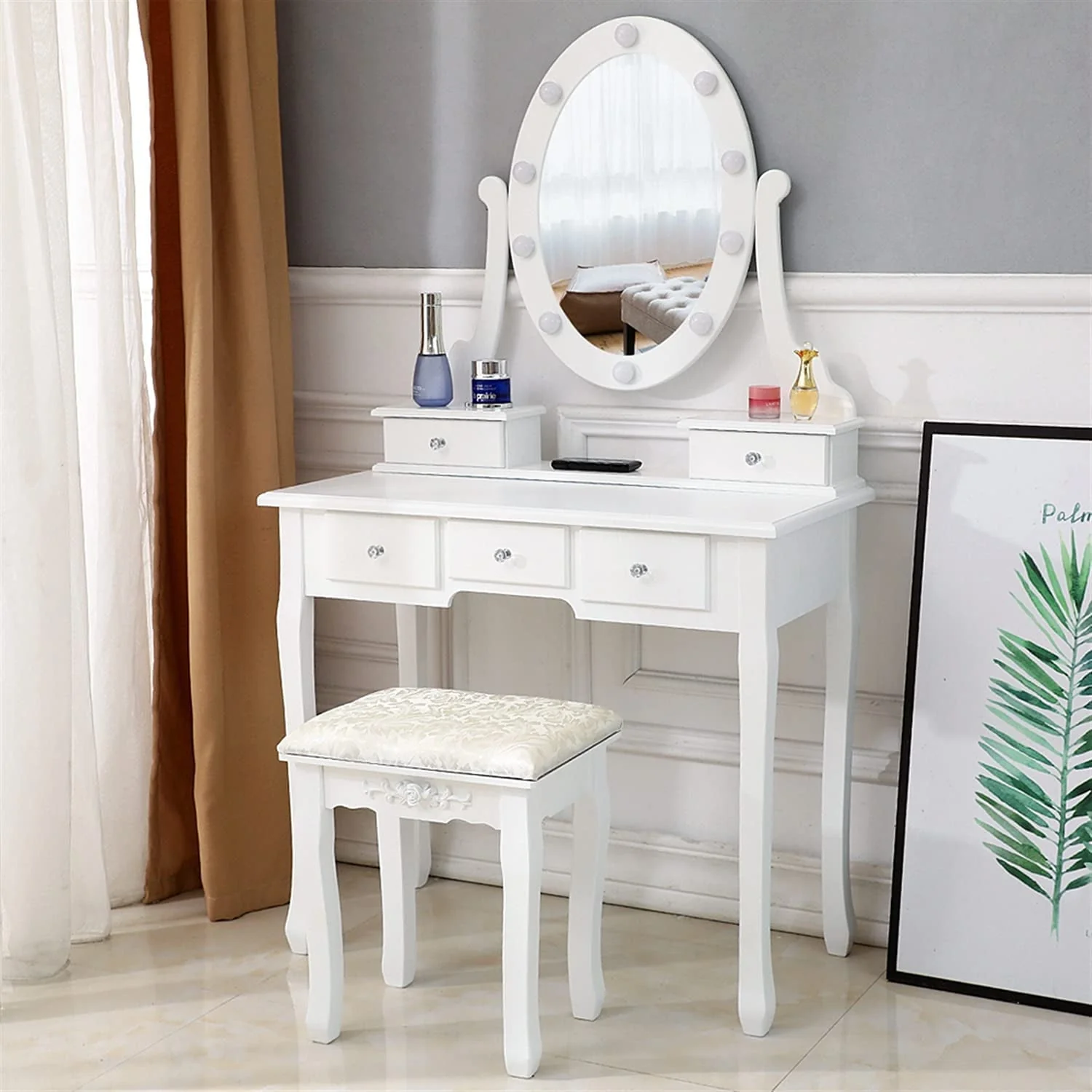 Ktaxon Vanity Table 10 LED Lights, 5 Drawers Makeup Dressing Desk with Cushioned Stool Set,Bedroom Vanities Set White
