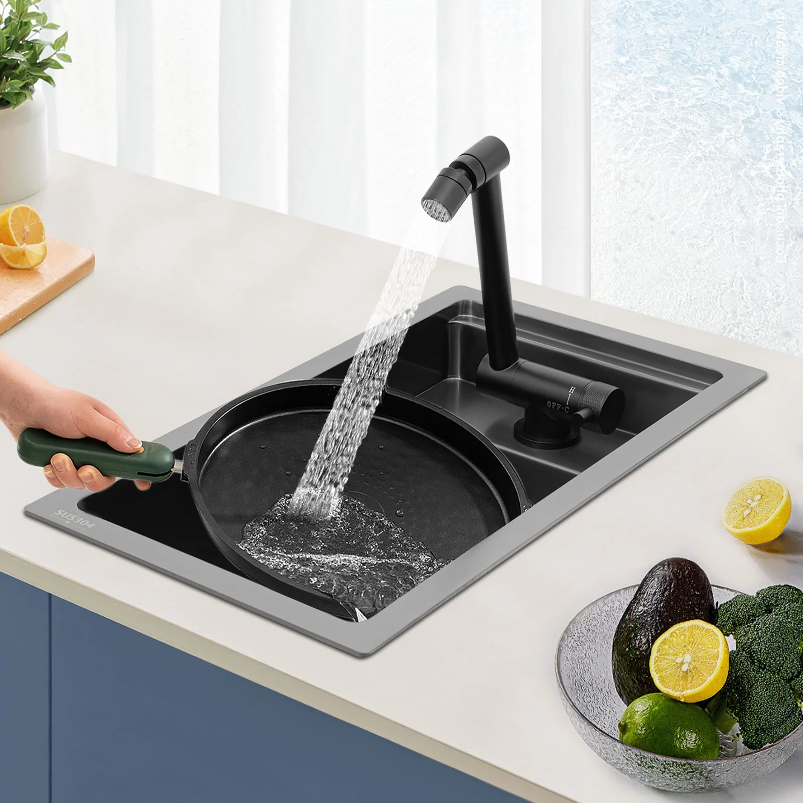 Modern Drop in Bar Sink, Single Bowl Kitchen Sink with Foldable Faucet, Black Nano 304 Stainless Steel Utility Sink for Compact Kitchen Commercial Hotel RV Laundry