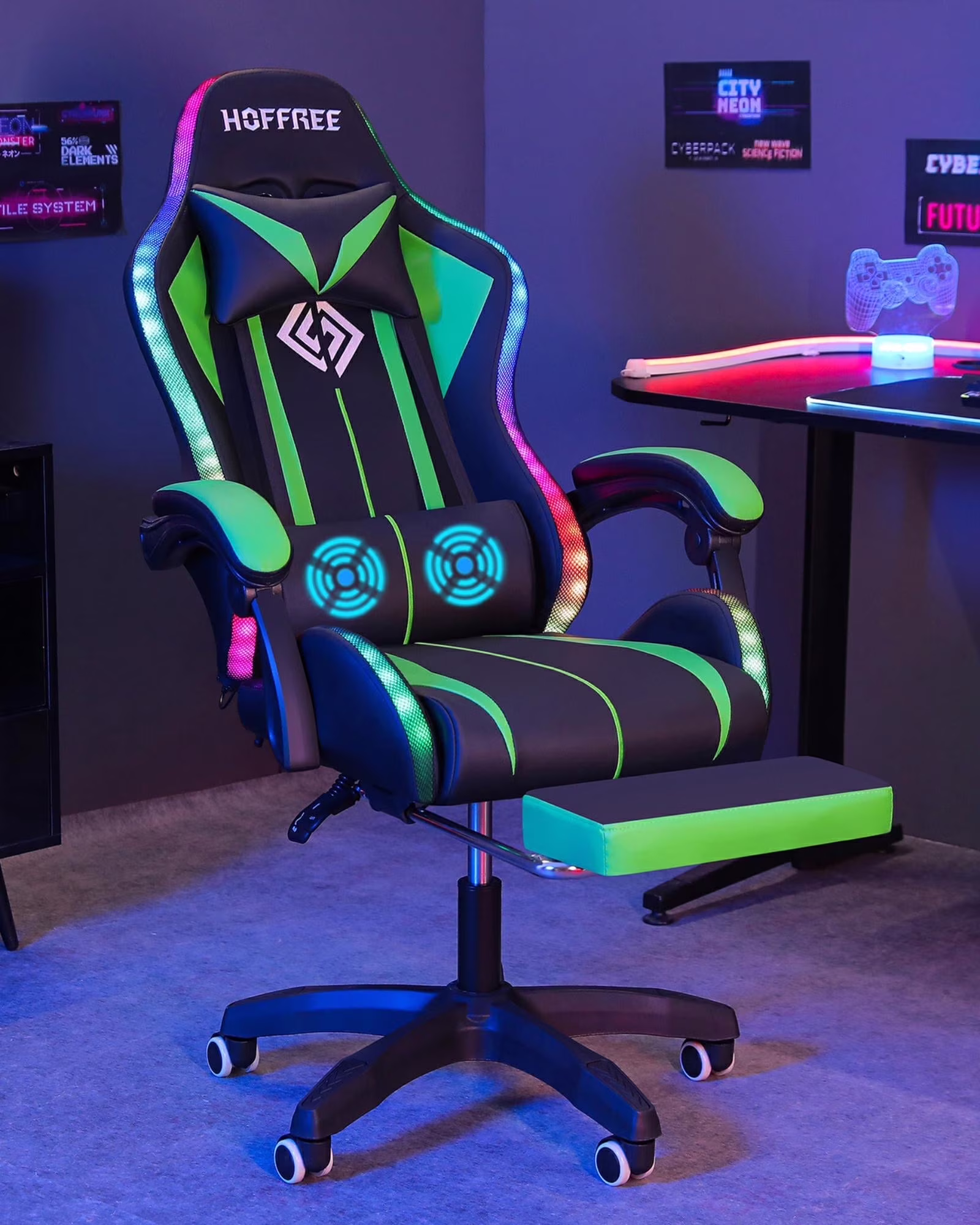 Hoffree Gaming Chair with Massage PU Leather Office Chair with Footrest and LED Light Ergonomic Gamer Chair Lumbar Support Adjustable Headrest High Back Computer Desk Chair for Home Office