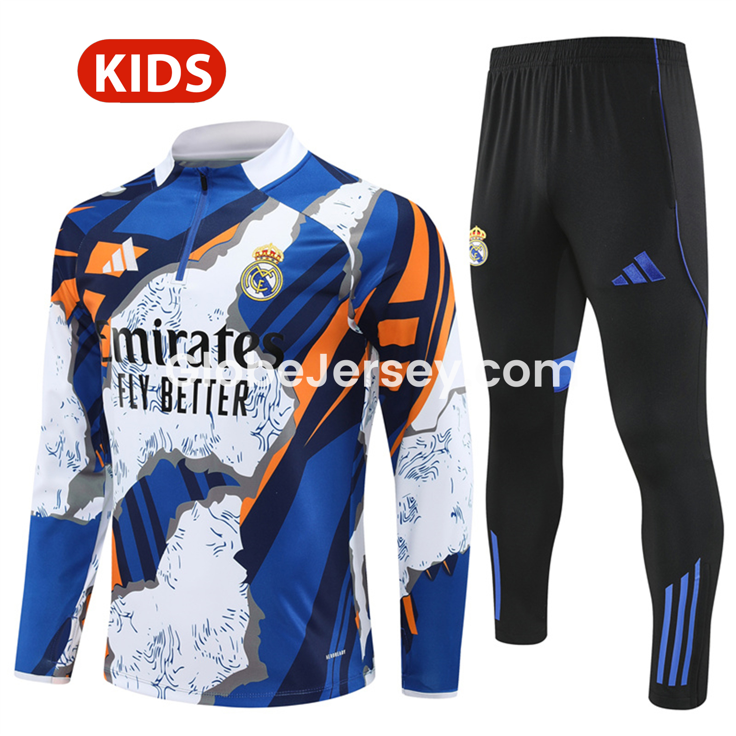 Real Madrid 25-26 Kids Long Sleeve Training Set - Yellow, White and Blue Camouflage Top and Black Pants