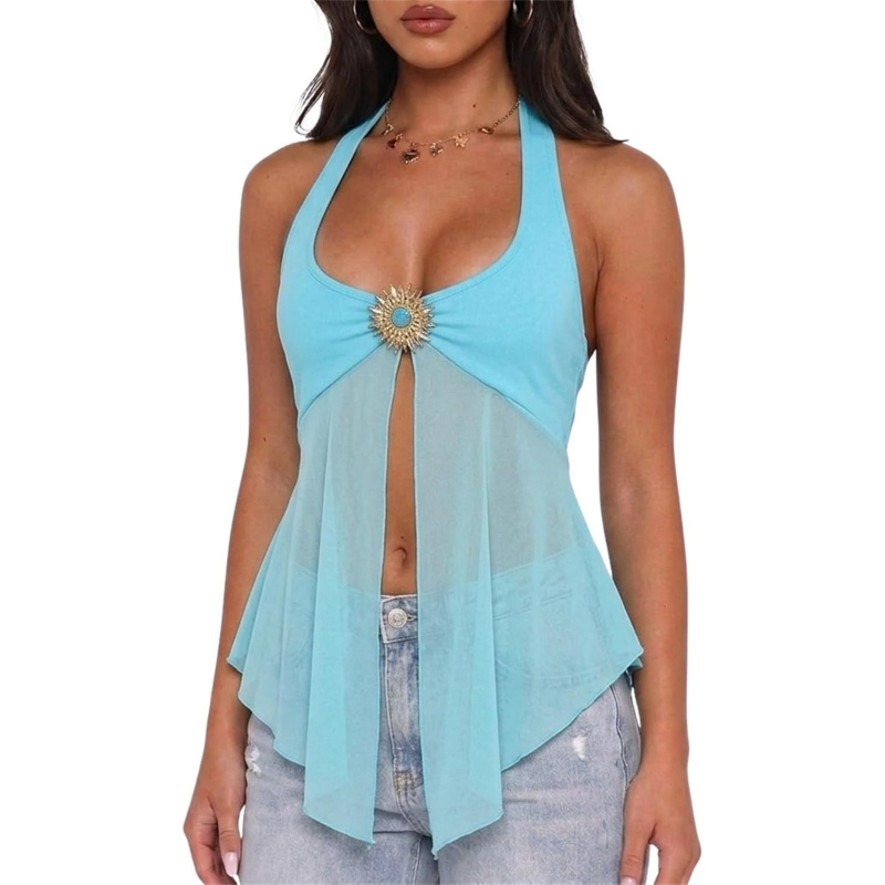 Usweetie Women Y2K Sexy Sheer Mesh Flowy Halter Top