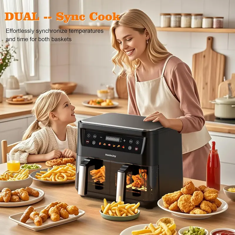 10-Quart Dual Basket Air Fryer with Viewing Window – 10-in-1 Touchscreen System with SyncCook Technology and Liner Set