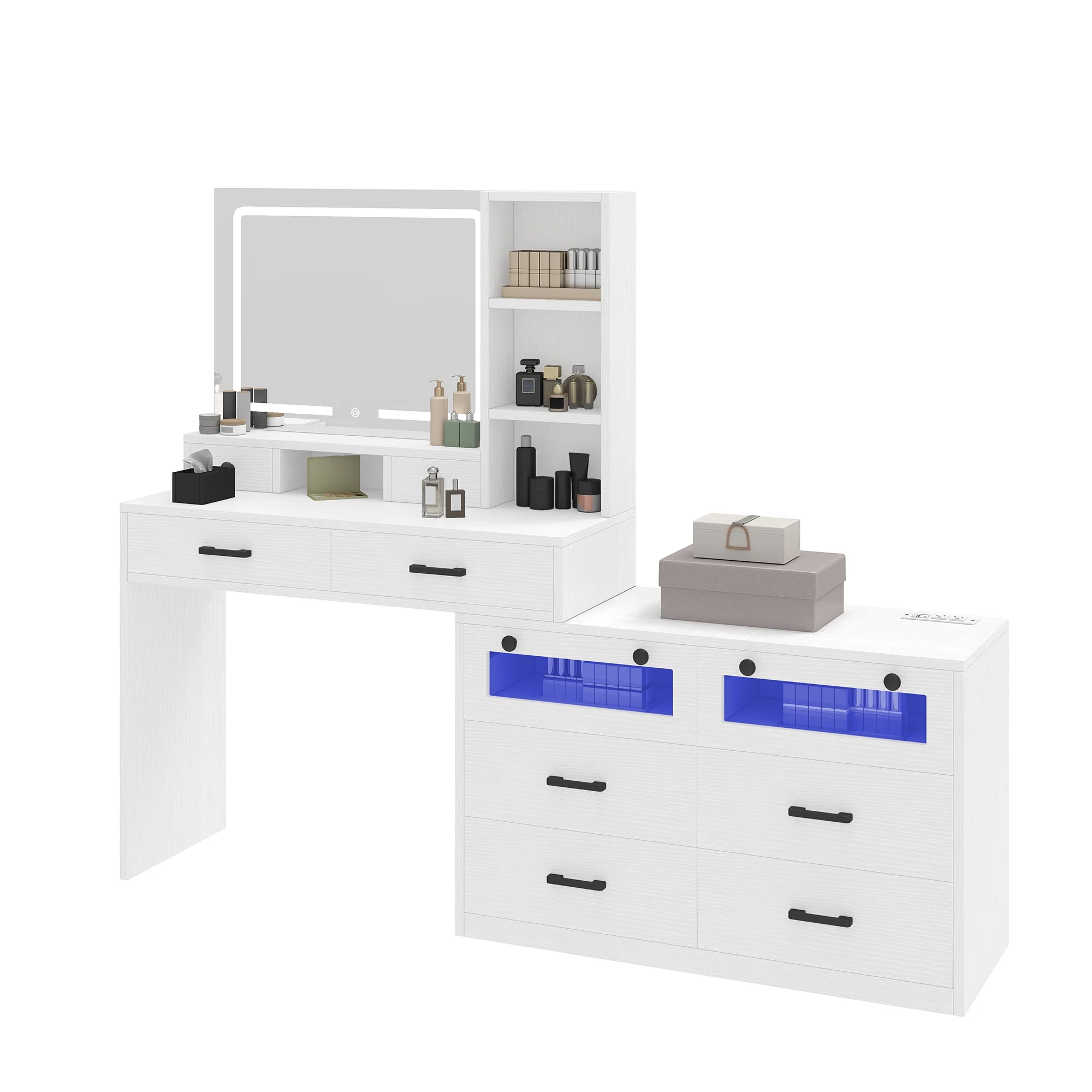 Uforic Vanity Makeup Desk with LED Light Mirror & Power Outlet, 10 Drawers, 4 Storage Shelves, 3 Color Modes & Adjustable Brightness Dressing Table, Corner Vanity,L Shape Change, 65