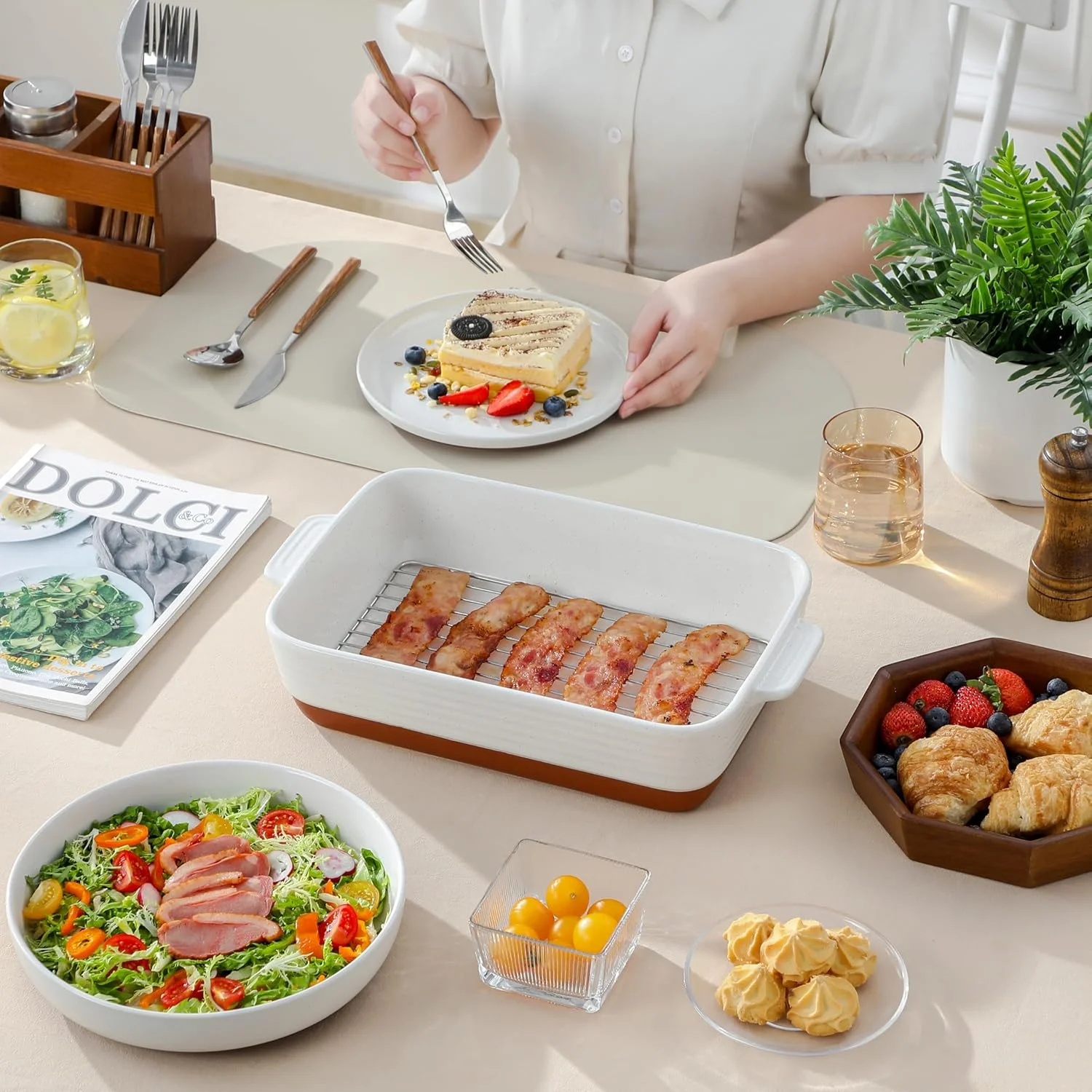 Casserole Dishes for Oven with Roasting Racks, Ceramic Baking Dishes Set of 3, Baking Pan Casserole Dish Set, Rectangular Lasagna Pan Deep with Handles for Baking, Khaki White (14.5''/13''/10.5''),