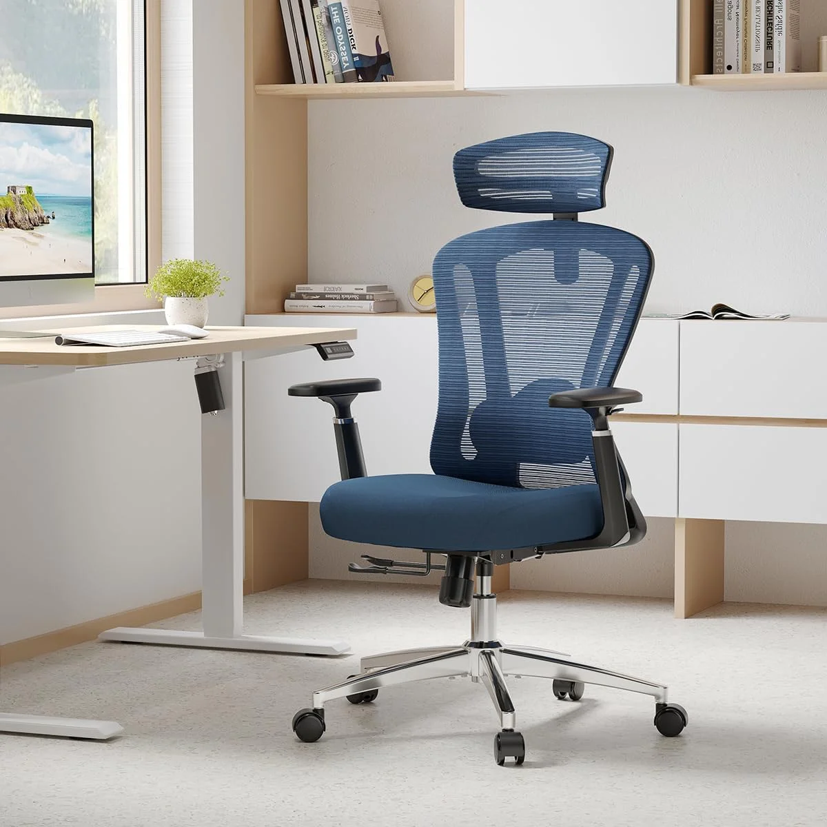 STARY Ergonomic Office Chair with Footrest, High Back Mesh Desk Chair with Adjustable Headrest & Lumbar Support, Comfortable Computer Chair for Home Office Study, White & Beige